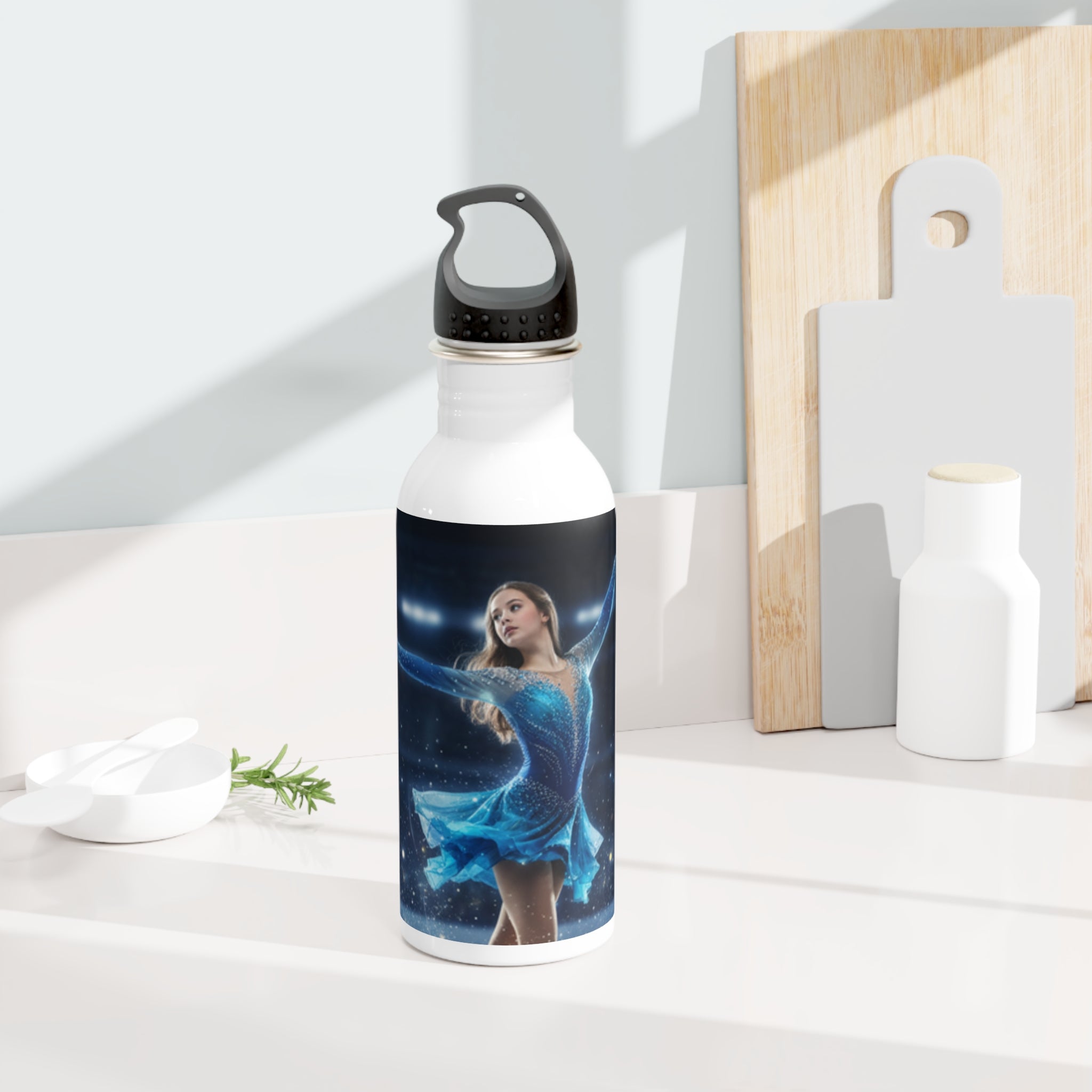 Borraccia in acciaio inox bianca con coperchio nero e stampa blu con figura