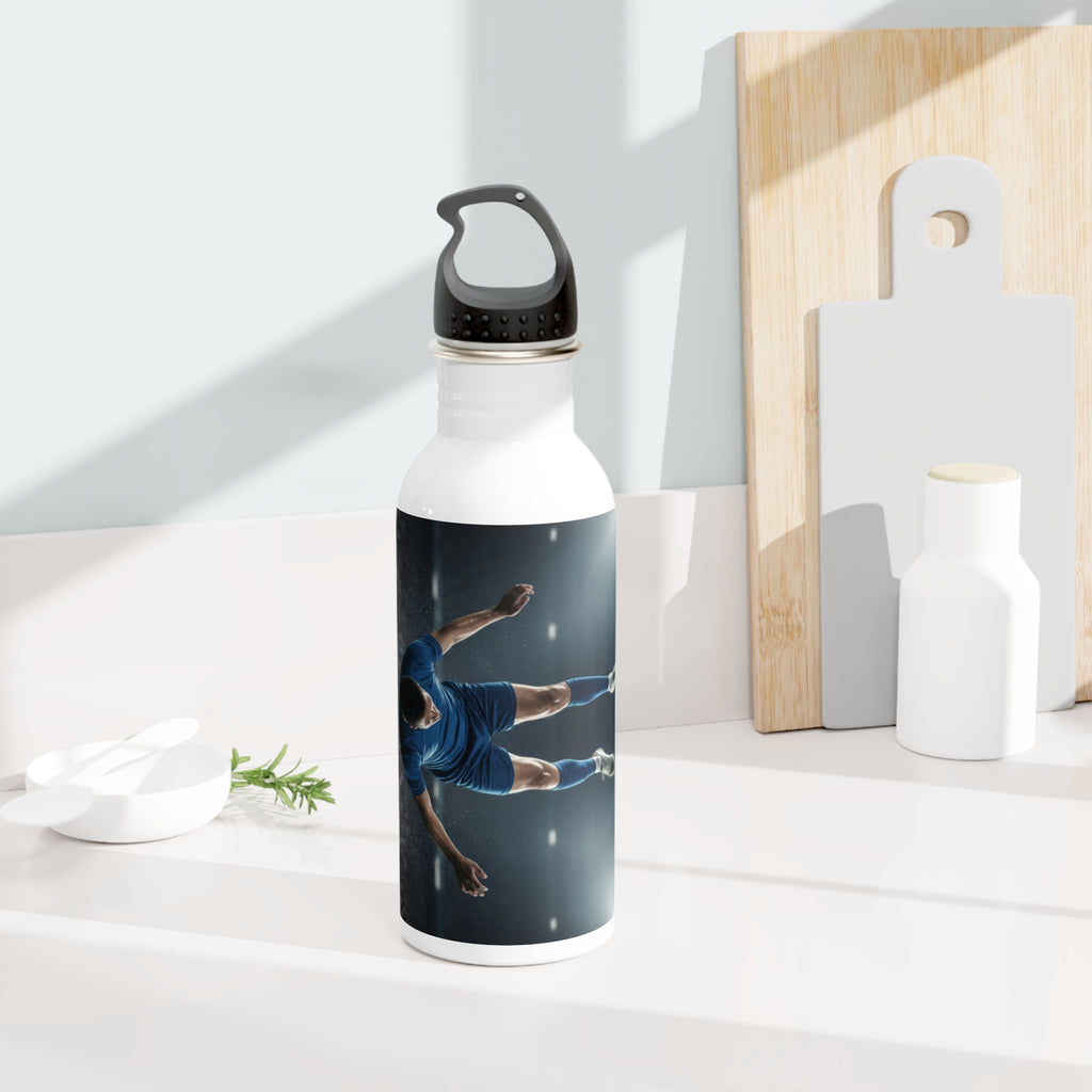 Bottiglia d'acqua in acciaio con stampa blu, cappuccio nero e bordo argentato
