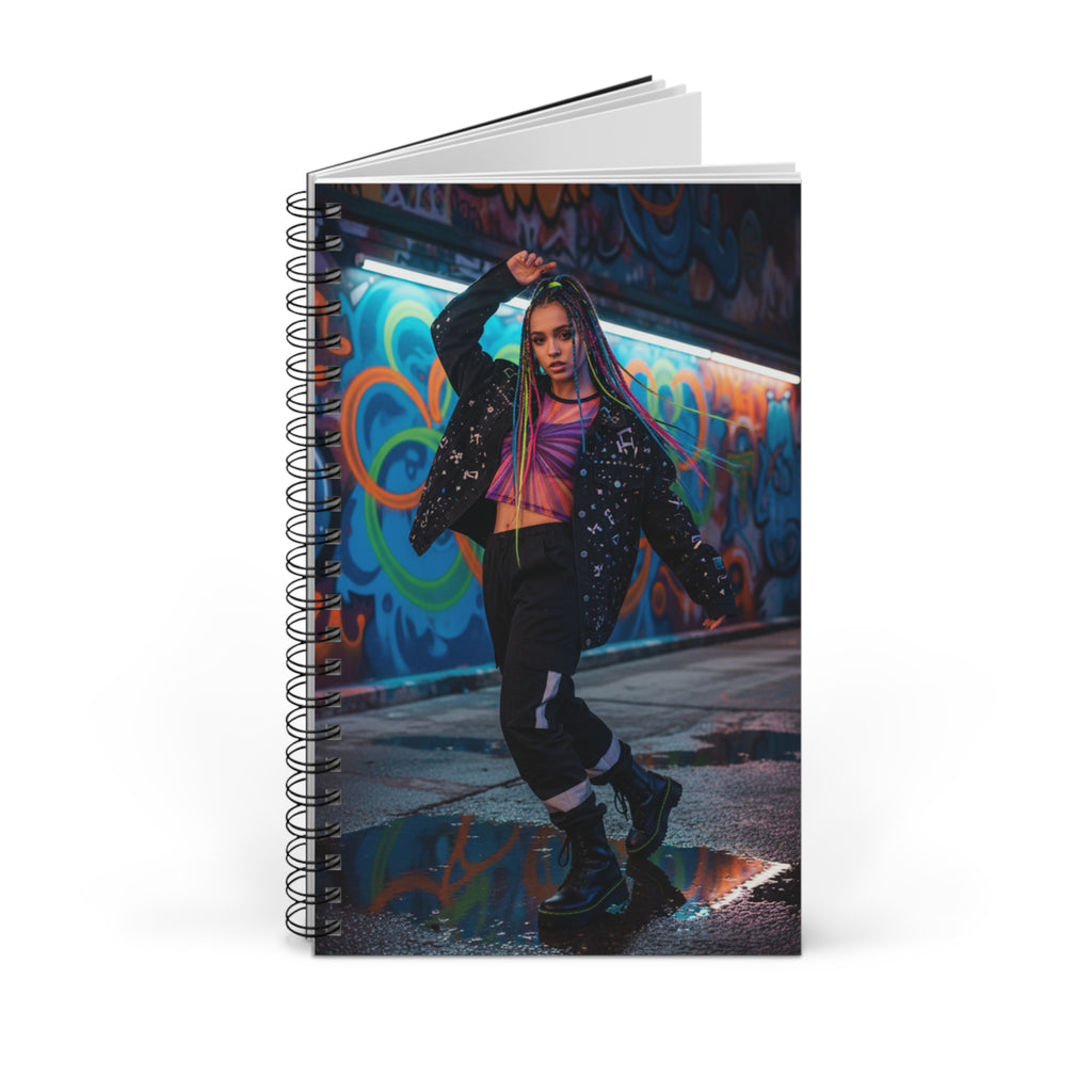Quaderno a spirale con copertina grafica e pagine bianche, copertina parzialmente aperta