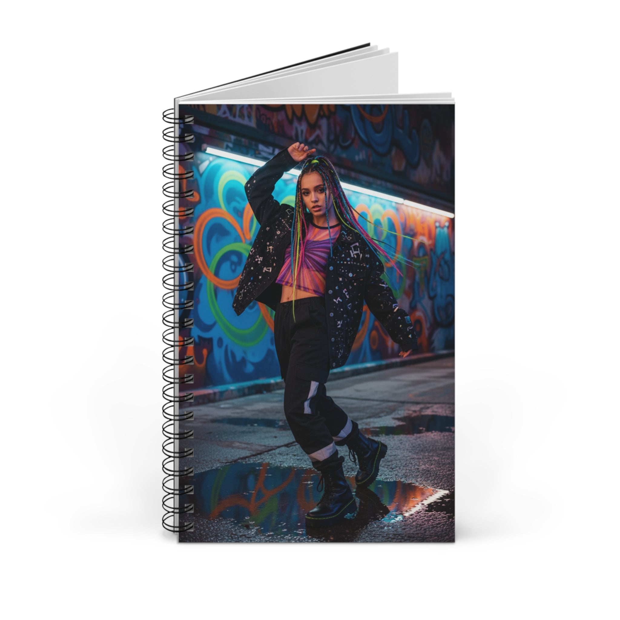 Quaderno a spirale con copertina grafica e pagine bianche, copertina parzialmente aperta