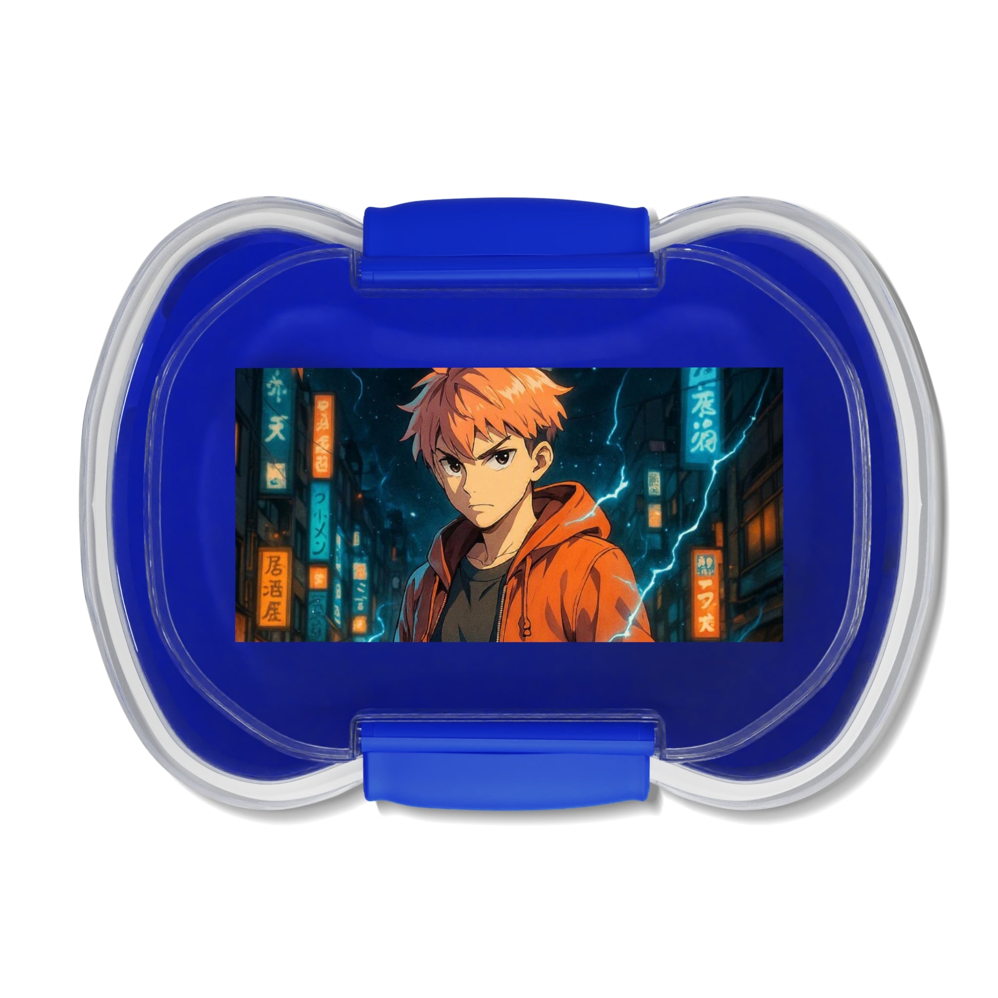 Contenitore bento a due livelli blu con coperchio trasparente e grafica anime