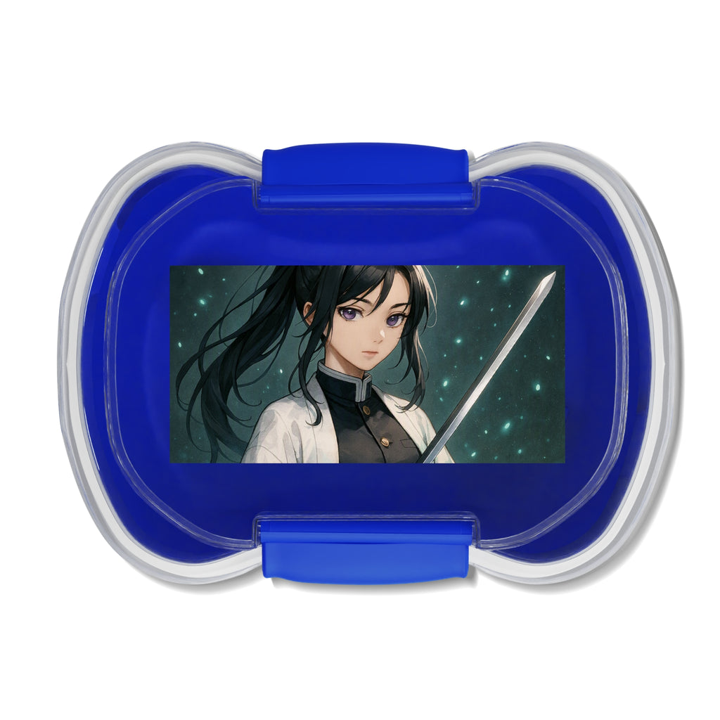 Contenitore bento a due scomparti blu con coperchio trasparente e fermagli laterali