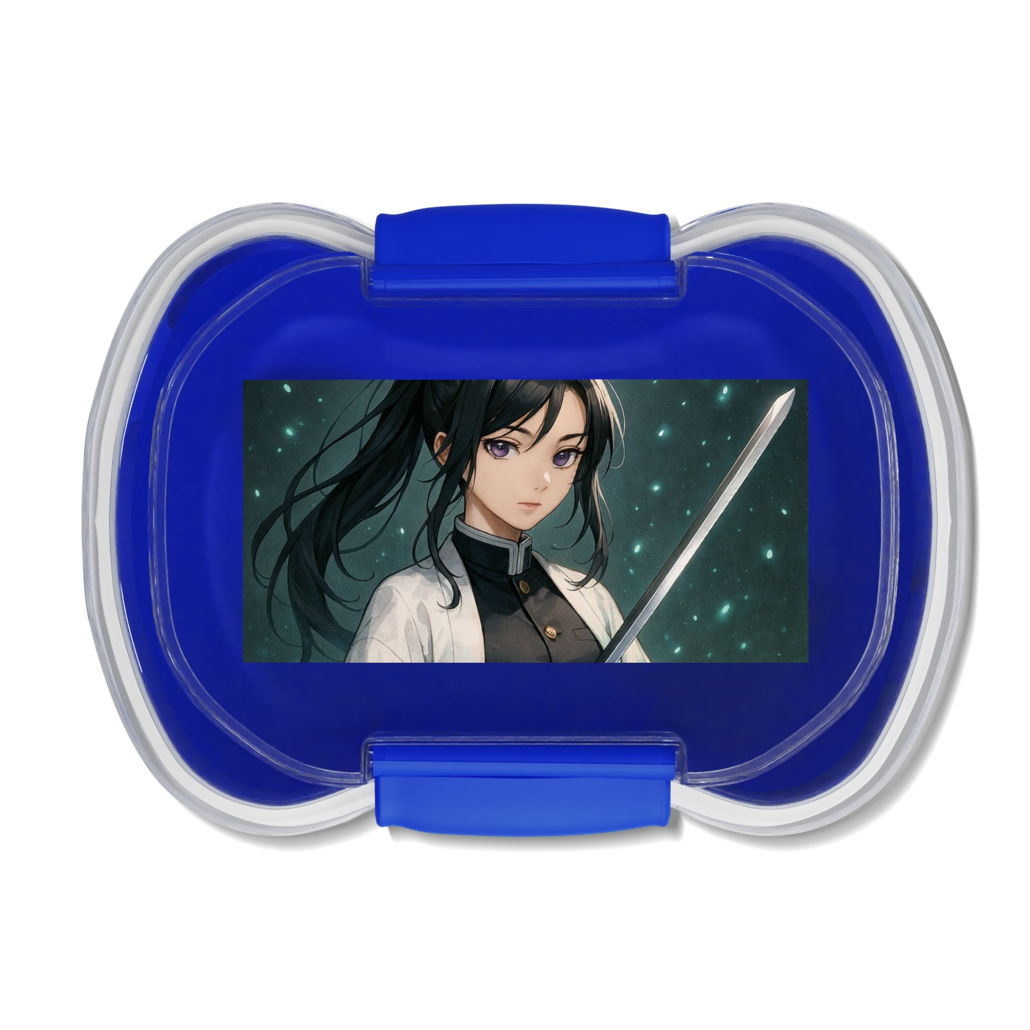 Contenitore bento a due scomparti blu con coperchio trasparente e fermagli laterali