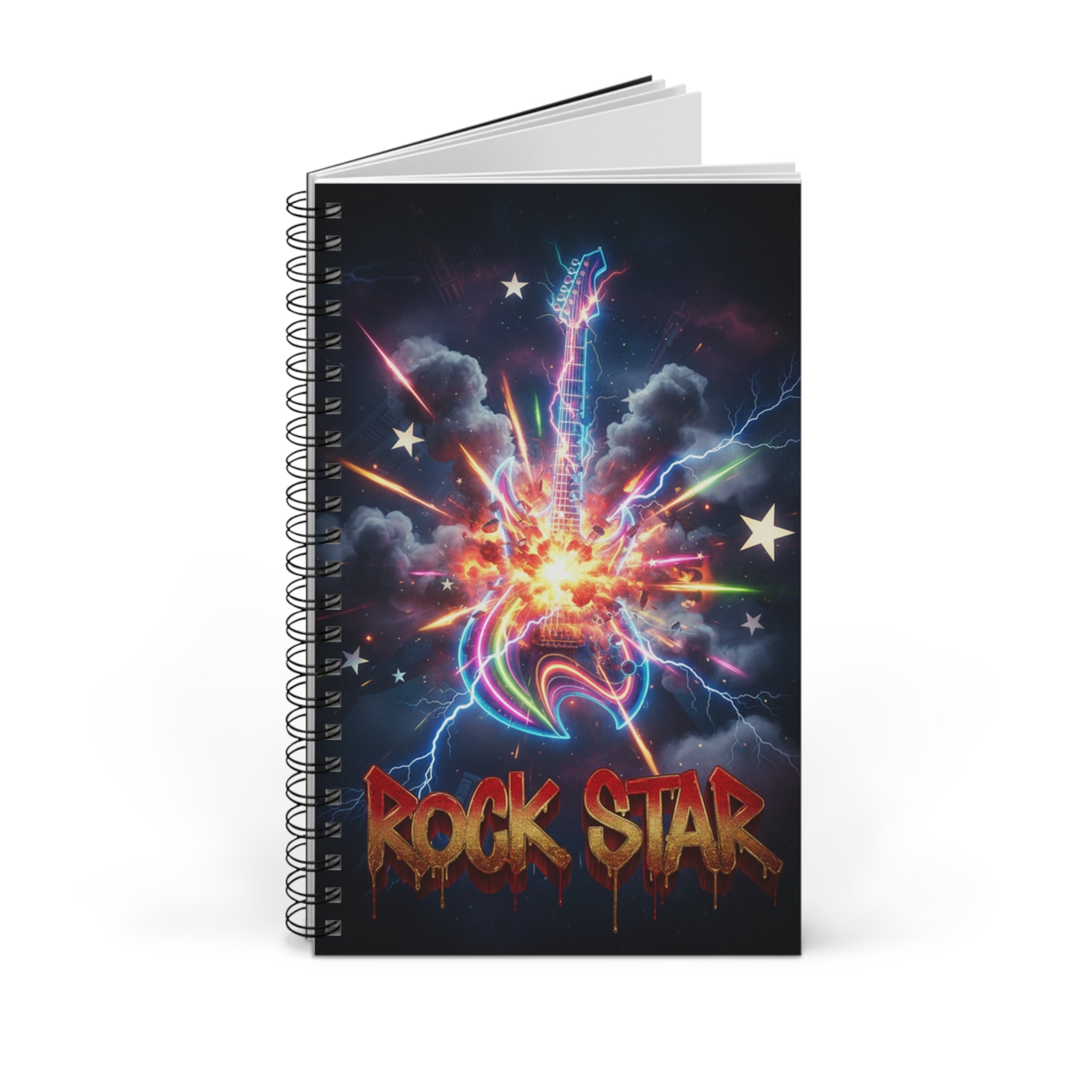 Siyah kapaklı spiral defter, açık duruş; renkli yıldız ve şimşek desenli