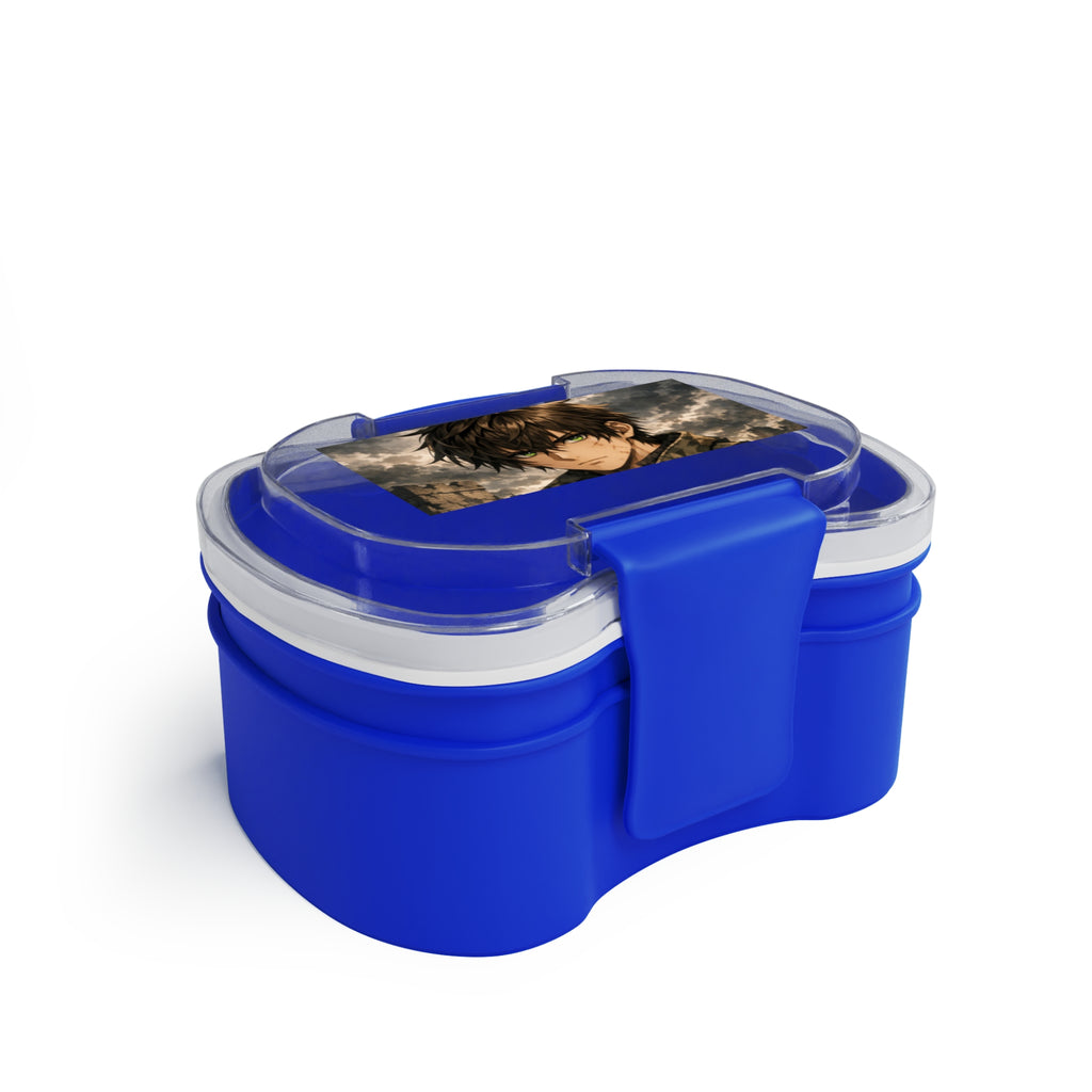 Bento a due livelli blu con coperchio trasparente aperto e vassoio interno.