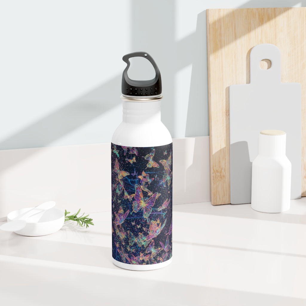 Borraccia in acciaio inox con coperchio nero e stampa farfalle multicolore sulla fascia scura