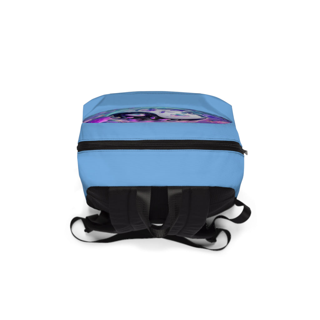Zaino unisex azzurro con schienale nero imbottito e zip sulla parte superiore