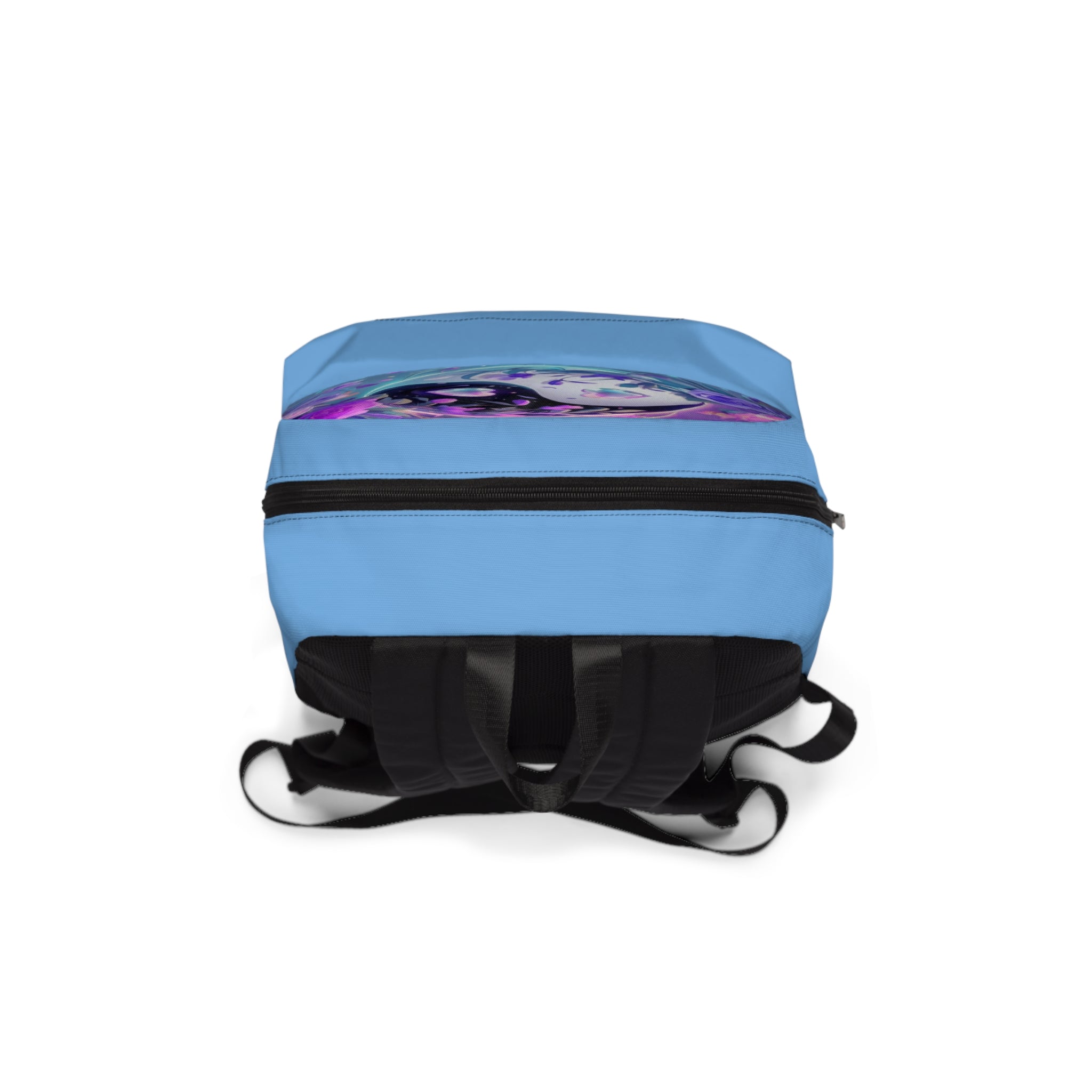 Zaino unisex azzurro con schienale nero imbottito e zip sulla parte superiore