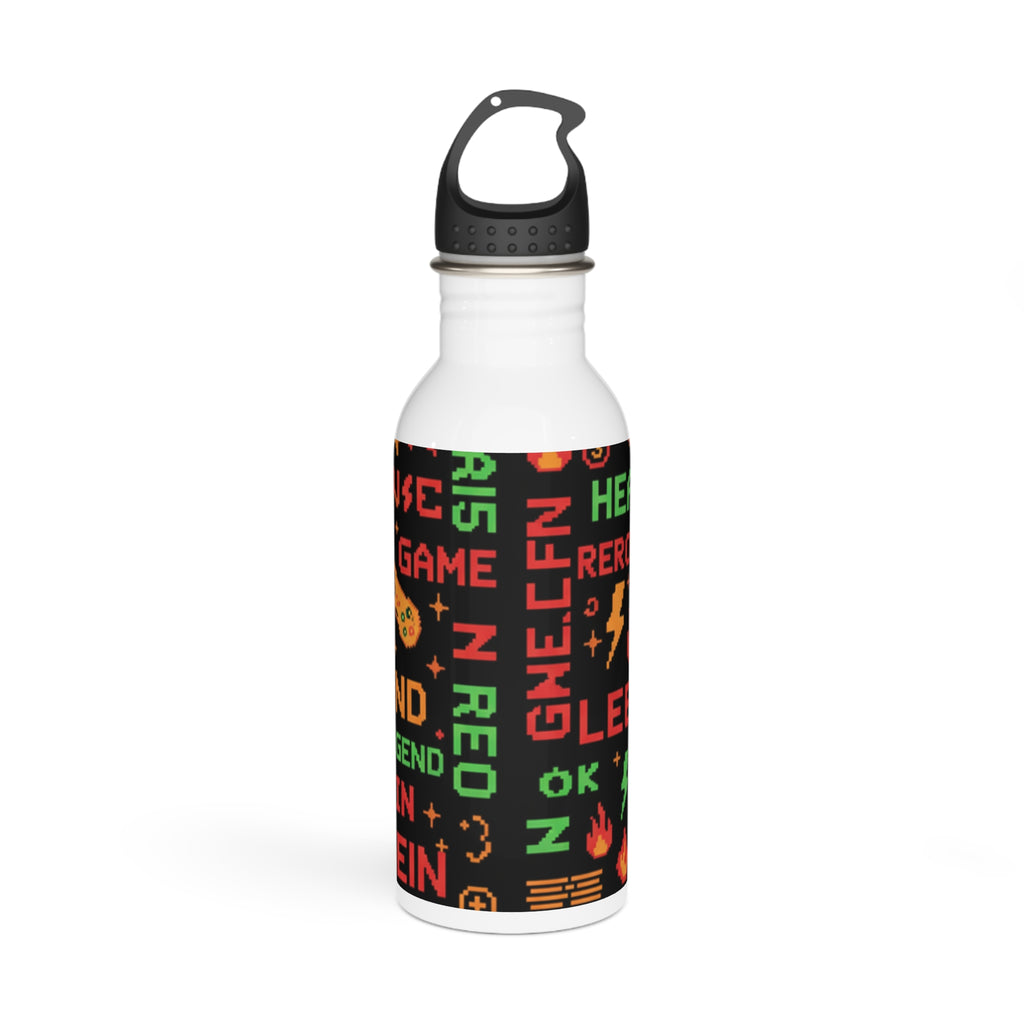 Borraccia in acciaio inox bianca con stampa gaming multicolore e tappo nero.