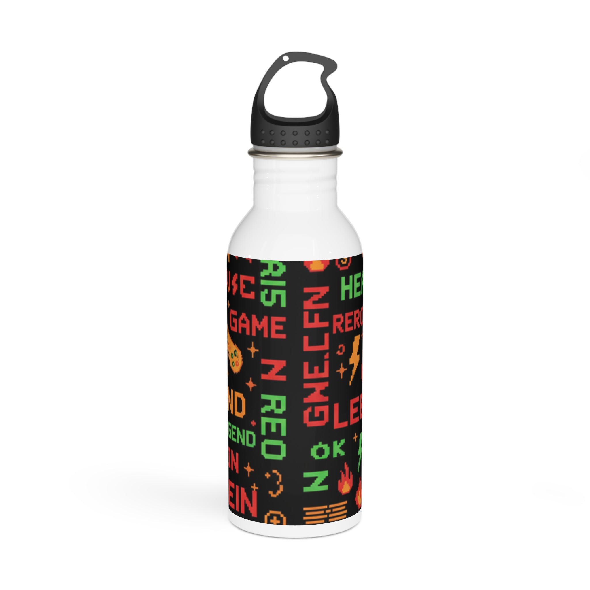 Borraccia in acciaio inox bianca con stampa gaming multicolore e tappo nero.