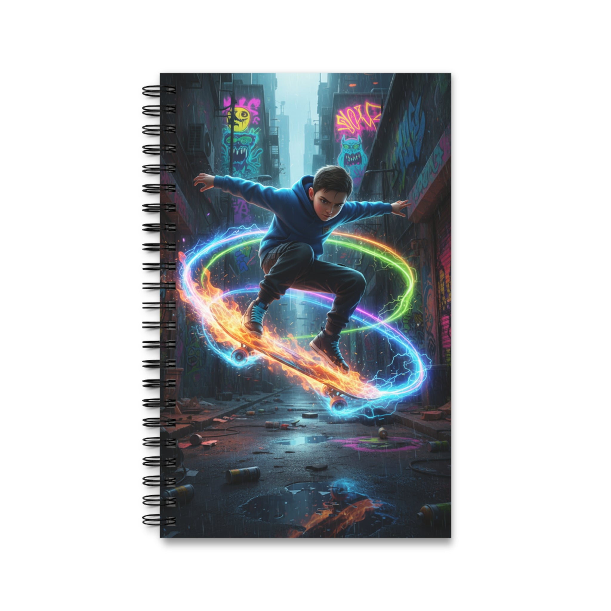 Quaderno ad anelli con copertina nera e grafica neon fantasy con cerchi luminosi