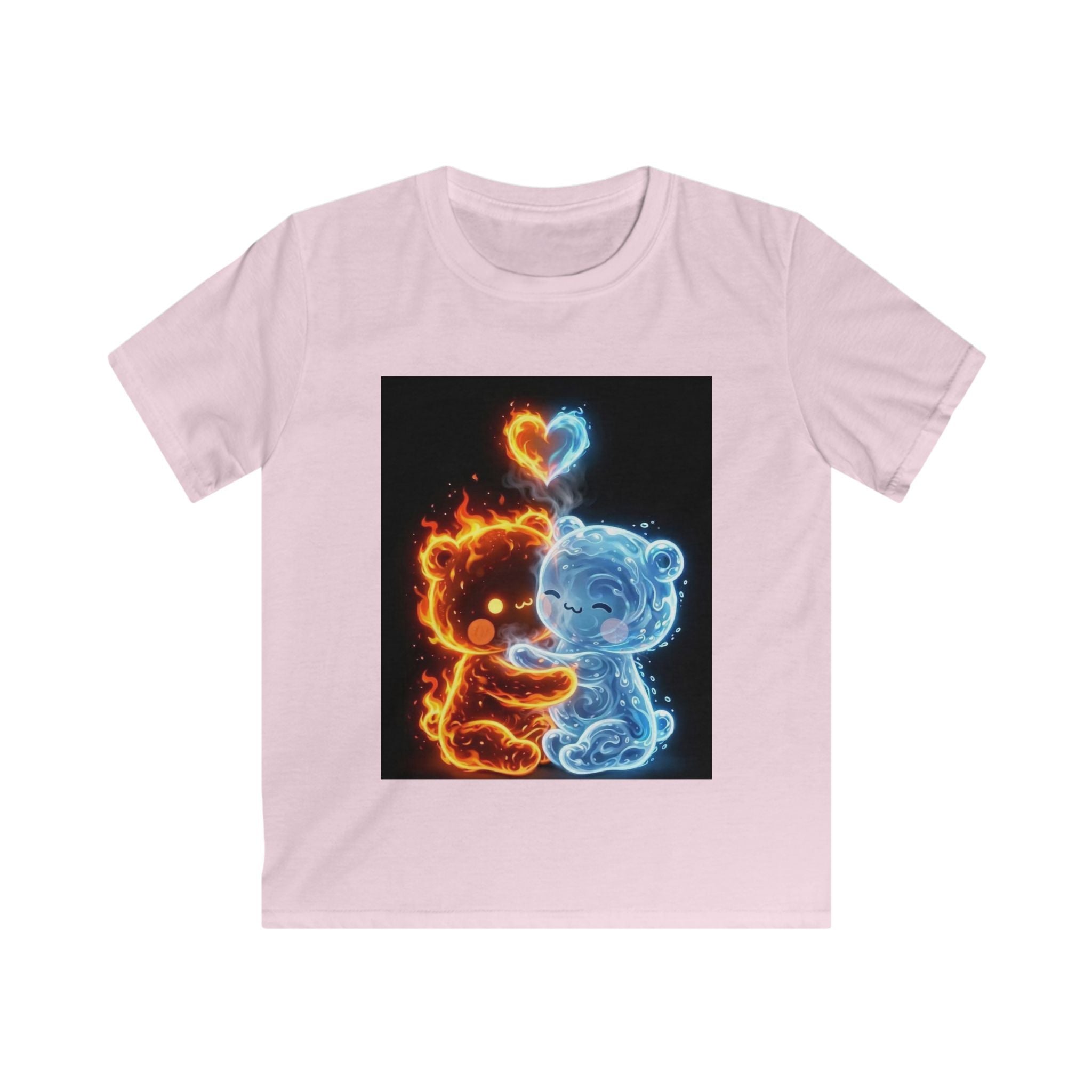 Maglietta bambino rosa chiaro con stampa cuore fuoco arancione e blu, quadrata