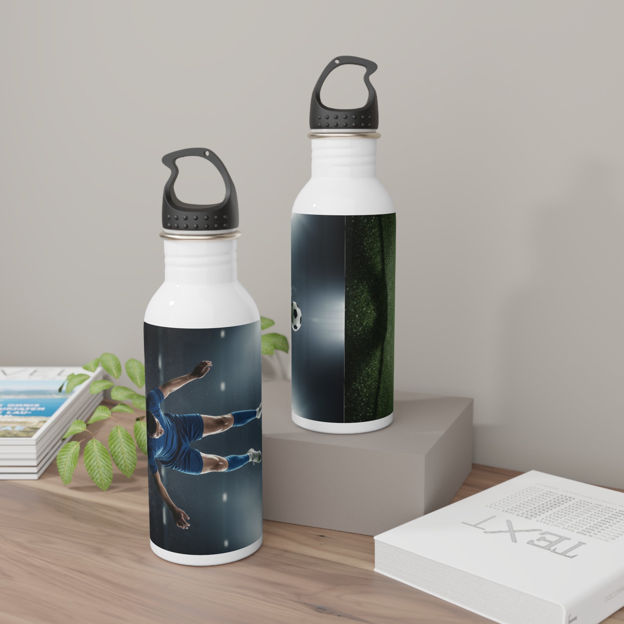 Set di 2 bottiglie d'acqua in acciaio con stampe blu e verde, tappi neri
