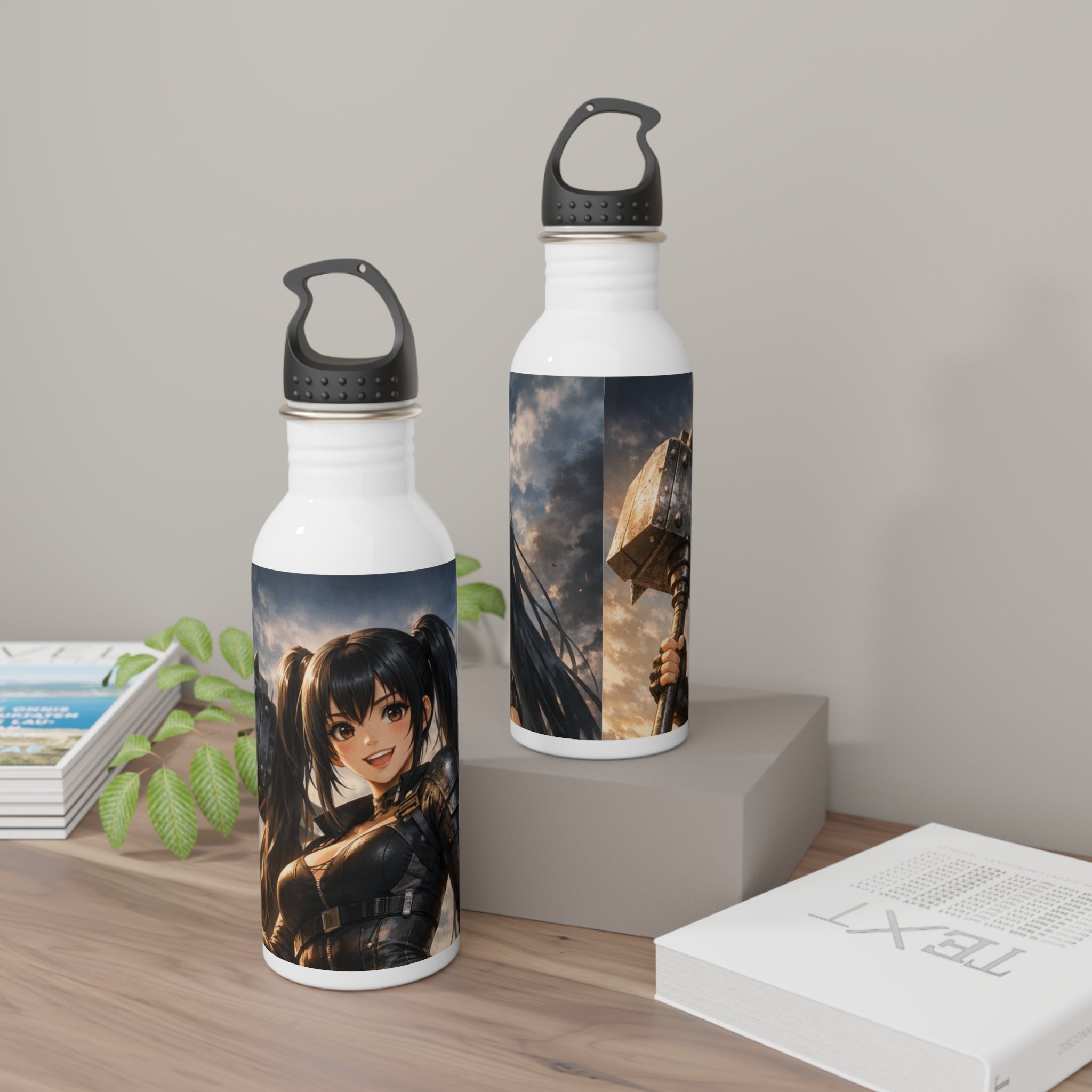 Set di 2 bottiglie d’acqua in acciaio bianche con stampe e tappi neri