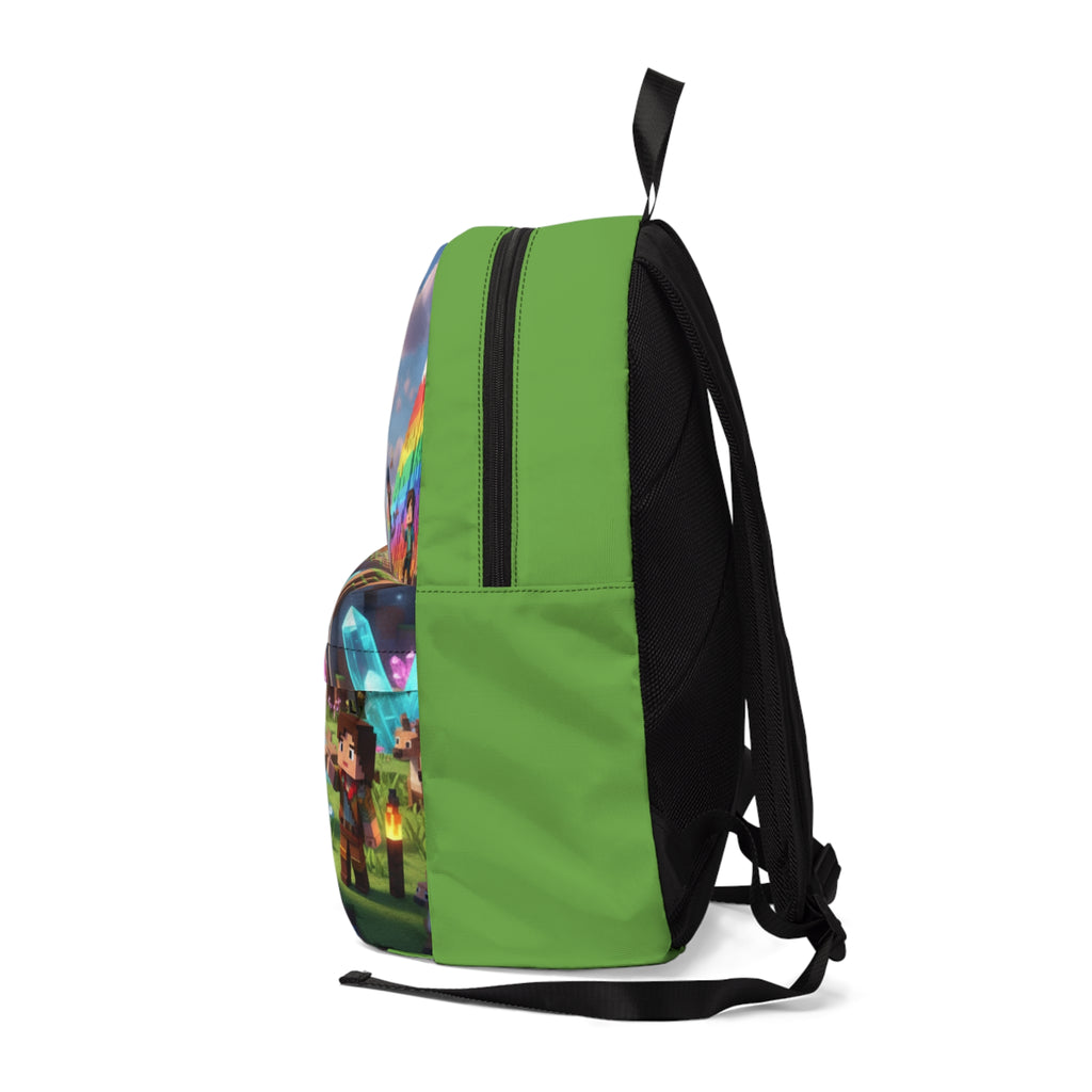 Zaino classico unisex verde e nero con stampa laterale, cerniera e tracolla regolabile