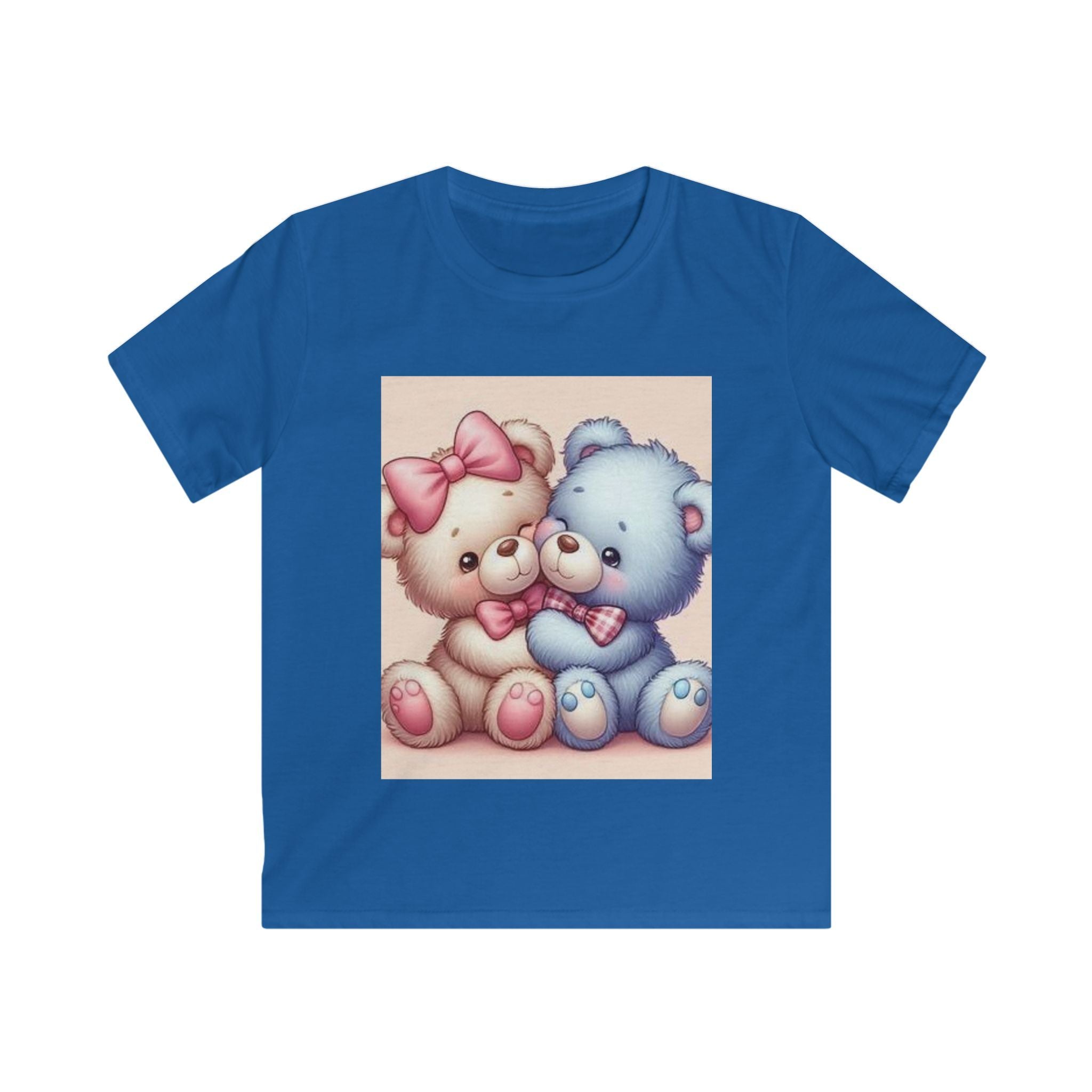 Maglietta bambino blu reale con stampa frontale di due orsetti rosa e blu