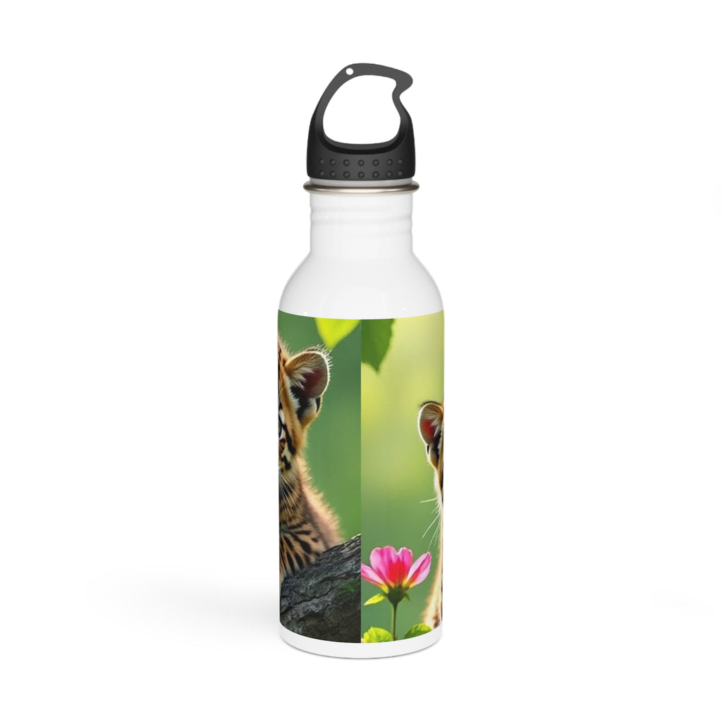 Borraccia in acciaio inox bianca con coperchio nero e stampa di cuccioli di tigre.