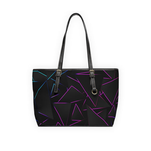 Borsa a tracolla in ecopelle nera con grafica geometrica viola e blu e manici
