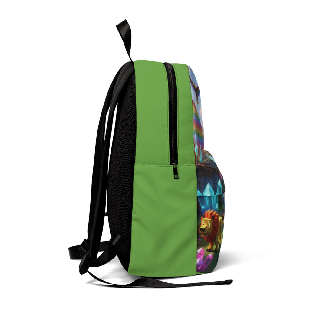 Zaino classico unisex: pannelli verdi, tessuto nero e stampa colorata sul lato, zip