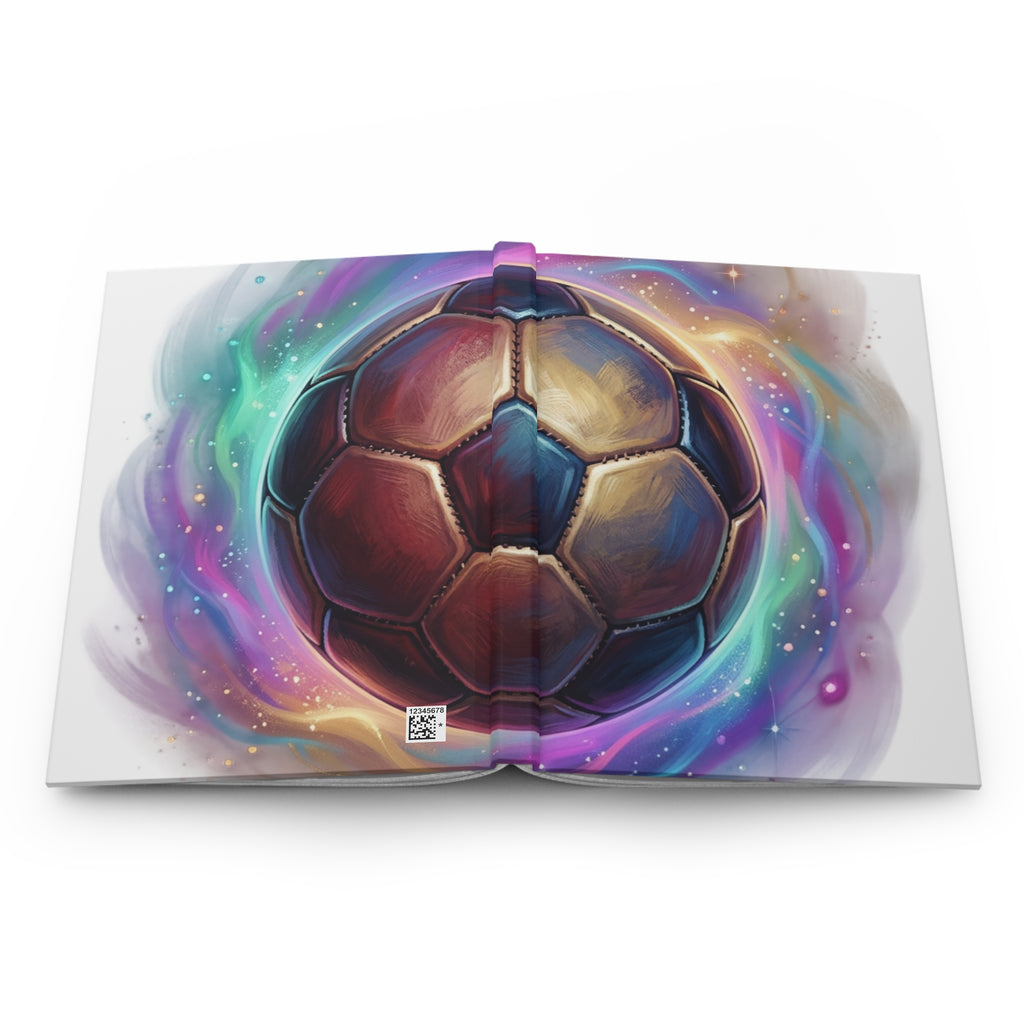 Sert kapaklı mat defter, açık sayfalar üzerinde futbol topu kapak baskısı