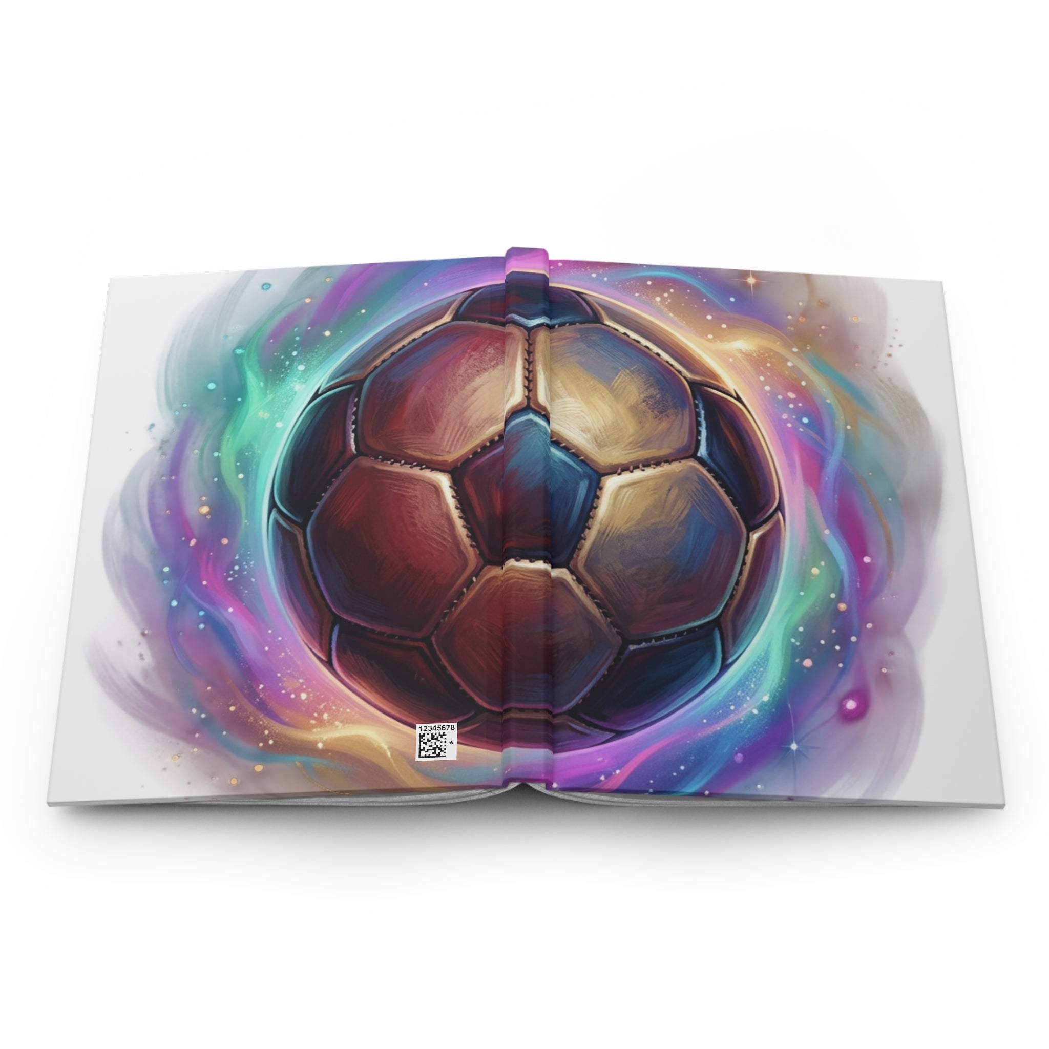 Sert kapaklı mat defter, açık sayfalar üzerinde futbol topu kapak baskısı