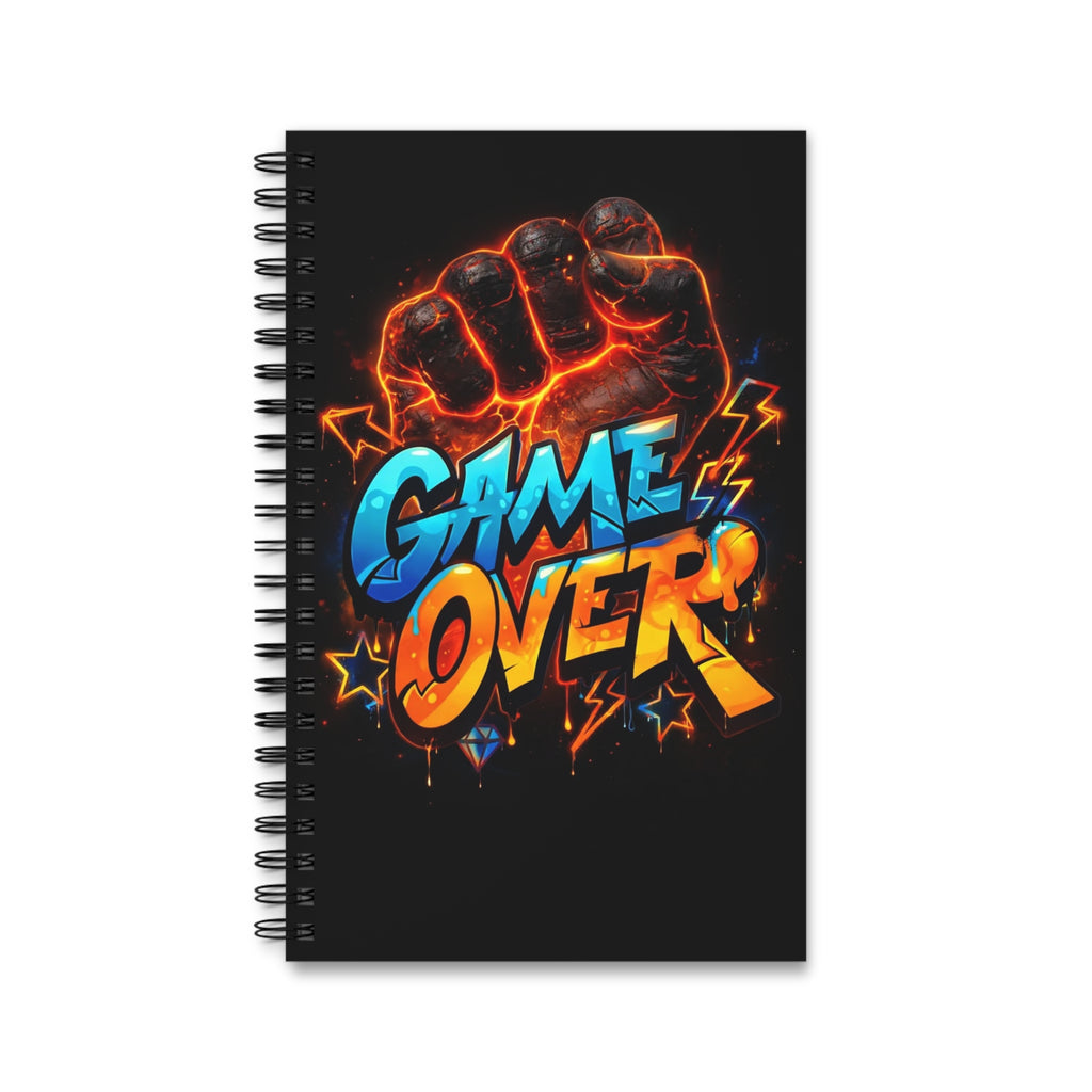 Quaderno nero con copertina Game Over e spirale metallica, pagine bianche
