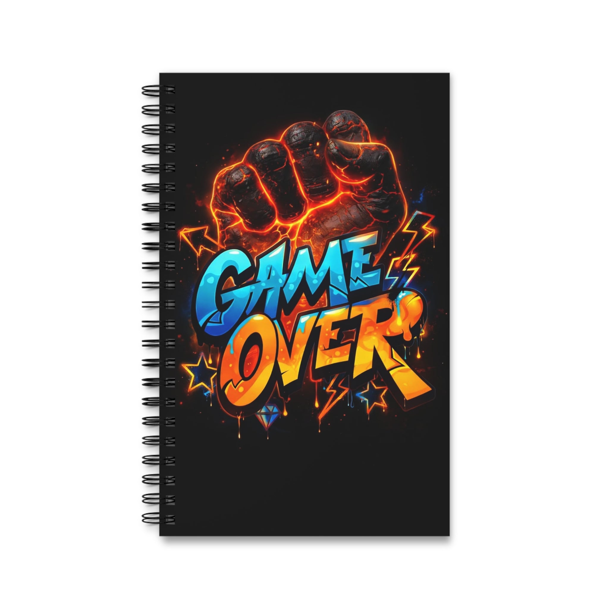 Quaderno nero con copertina Game Over e spirale metallica, pagine bianche