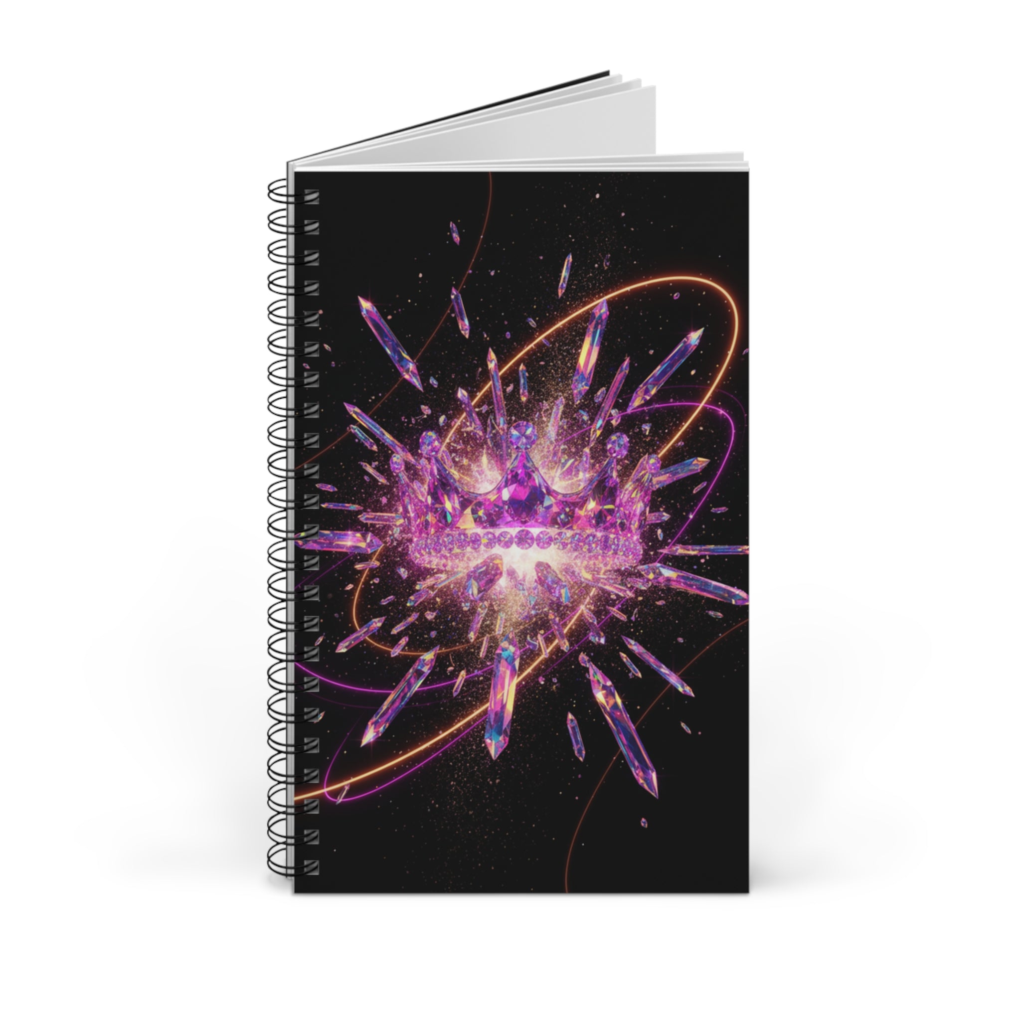 Quaderno a spirale nero con grafica esplosione viola e rosa, pagine leggermente aperte.