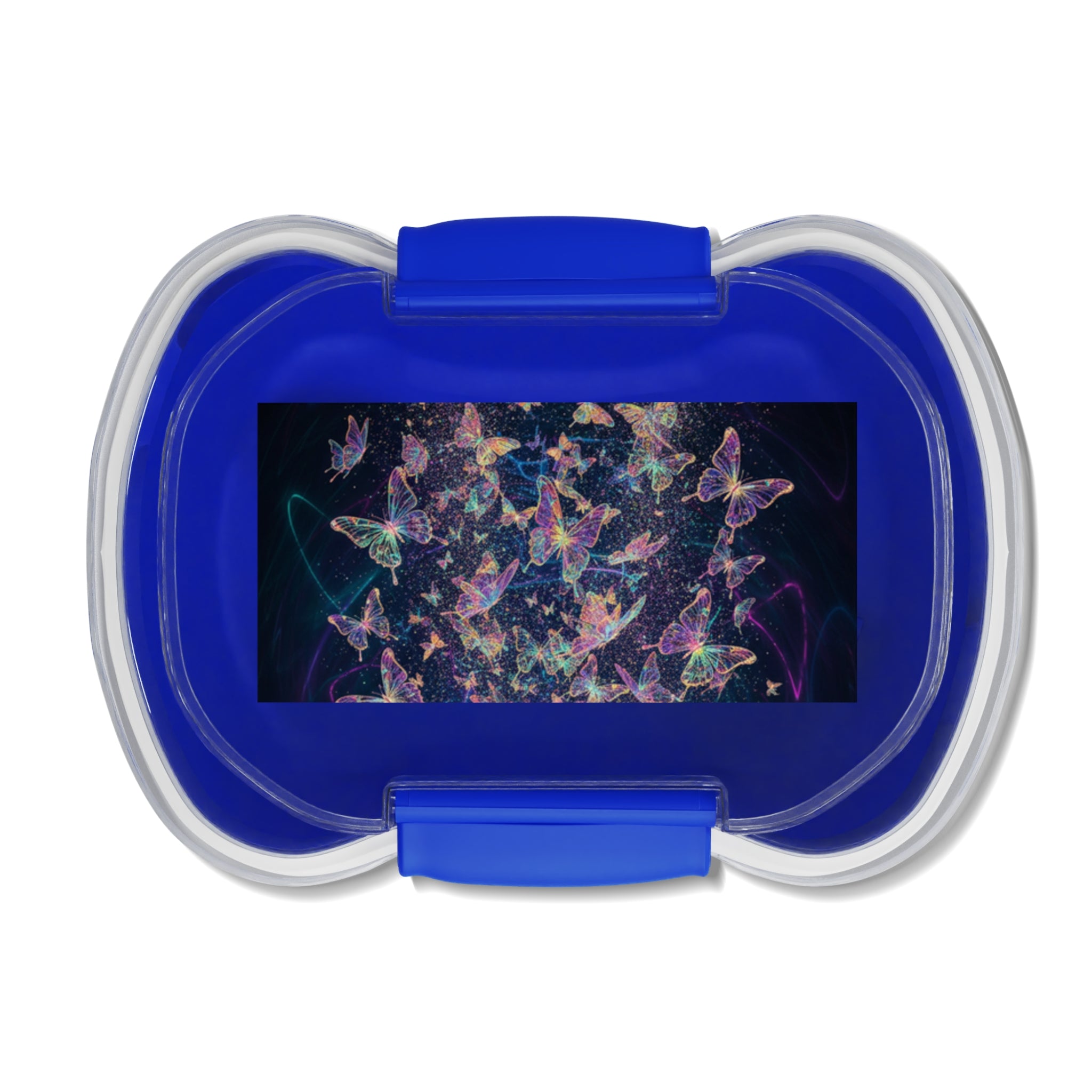 Contenitore bento a due scomparti blu con coperchio trasparente e fermagli