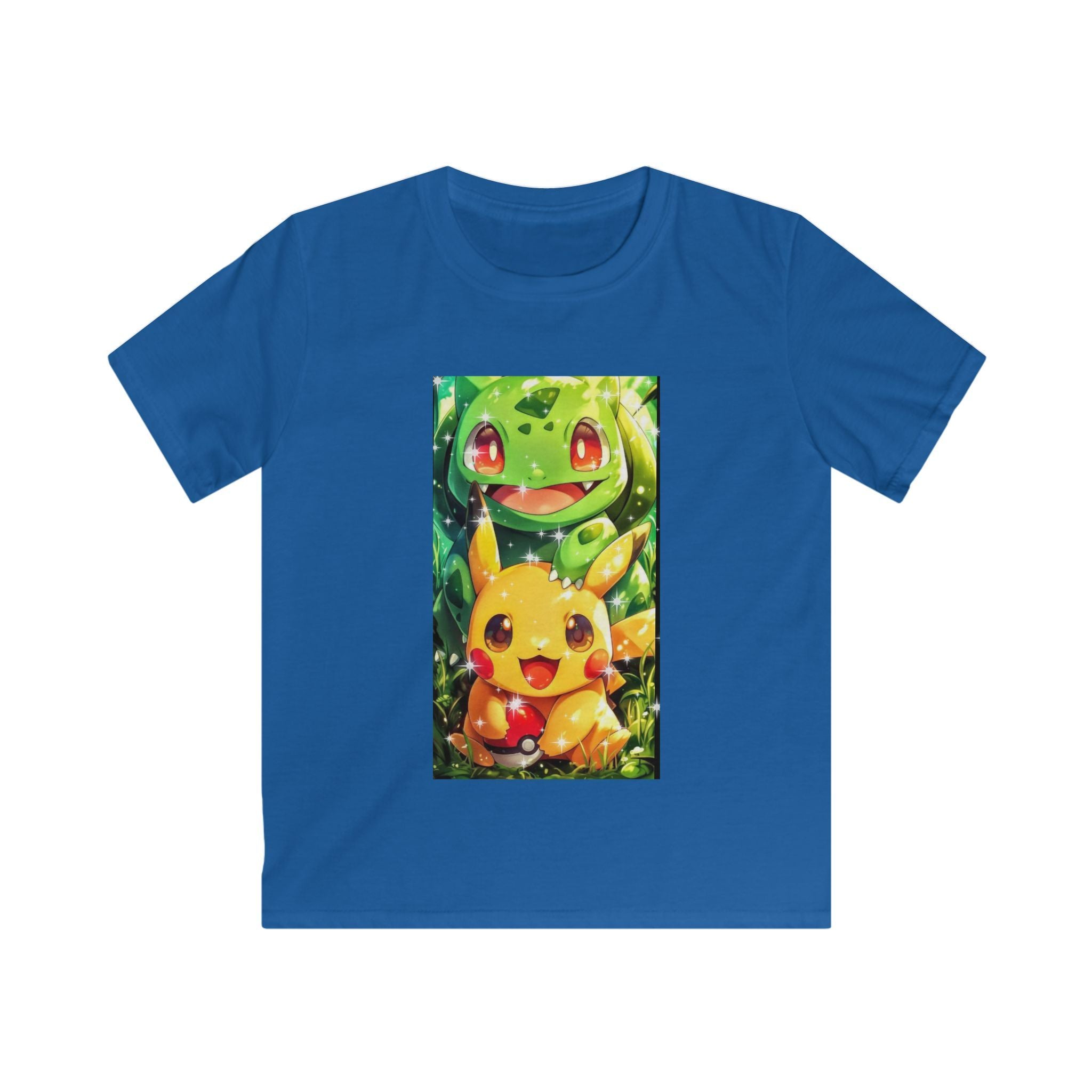 Maglietta per bambini blu reale con stampa rettangolare di Pokémon verde e giallo