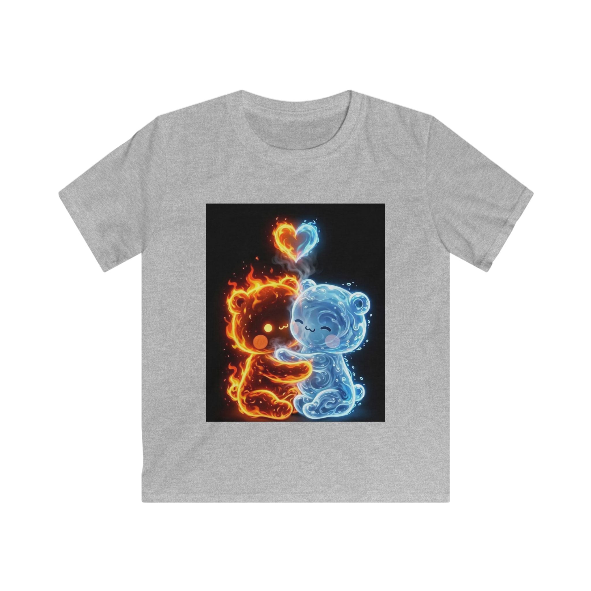 Maglietta bambino grigio chiaro con stampa cuore fuoco arancione e blu, quadrata