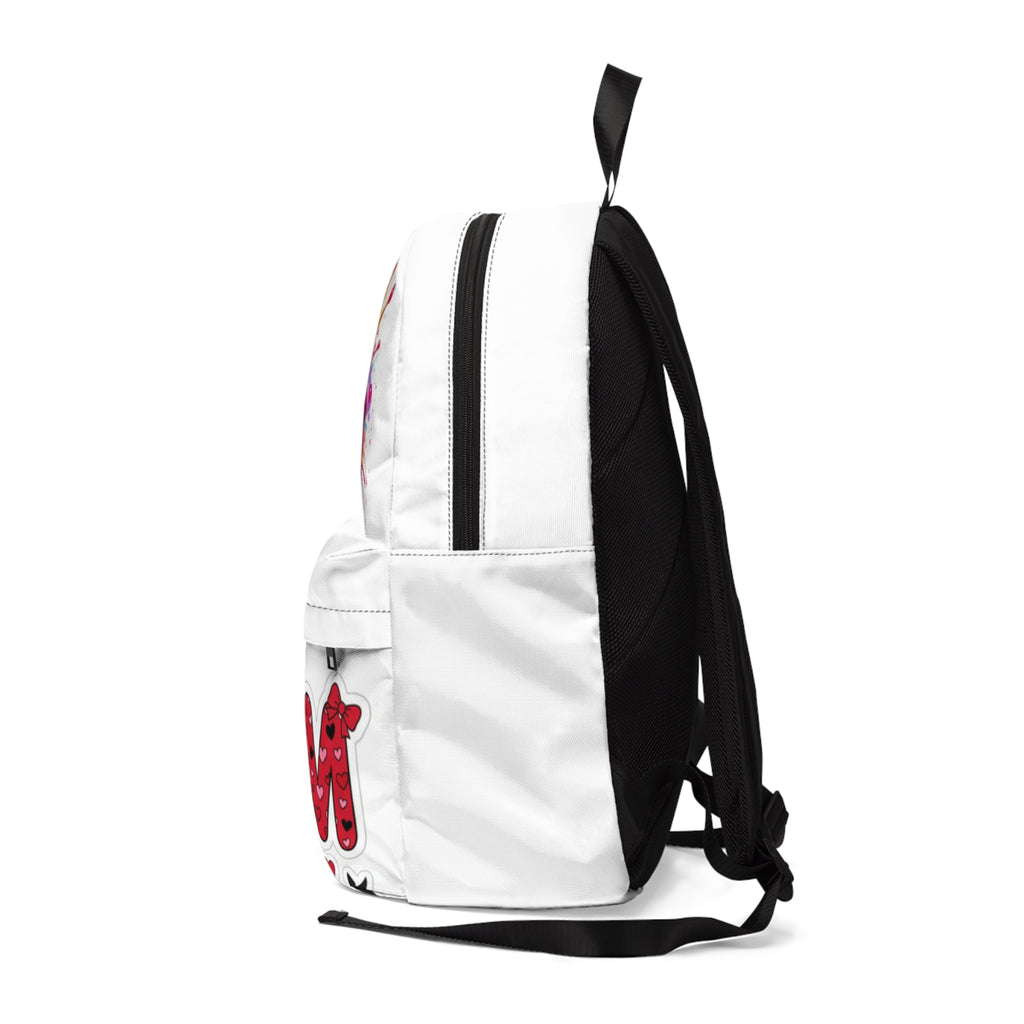Zaino unisex bianco con spallacci neri e tasca laterale, stampa lips