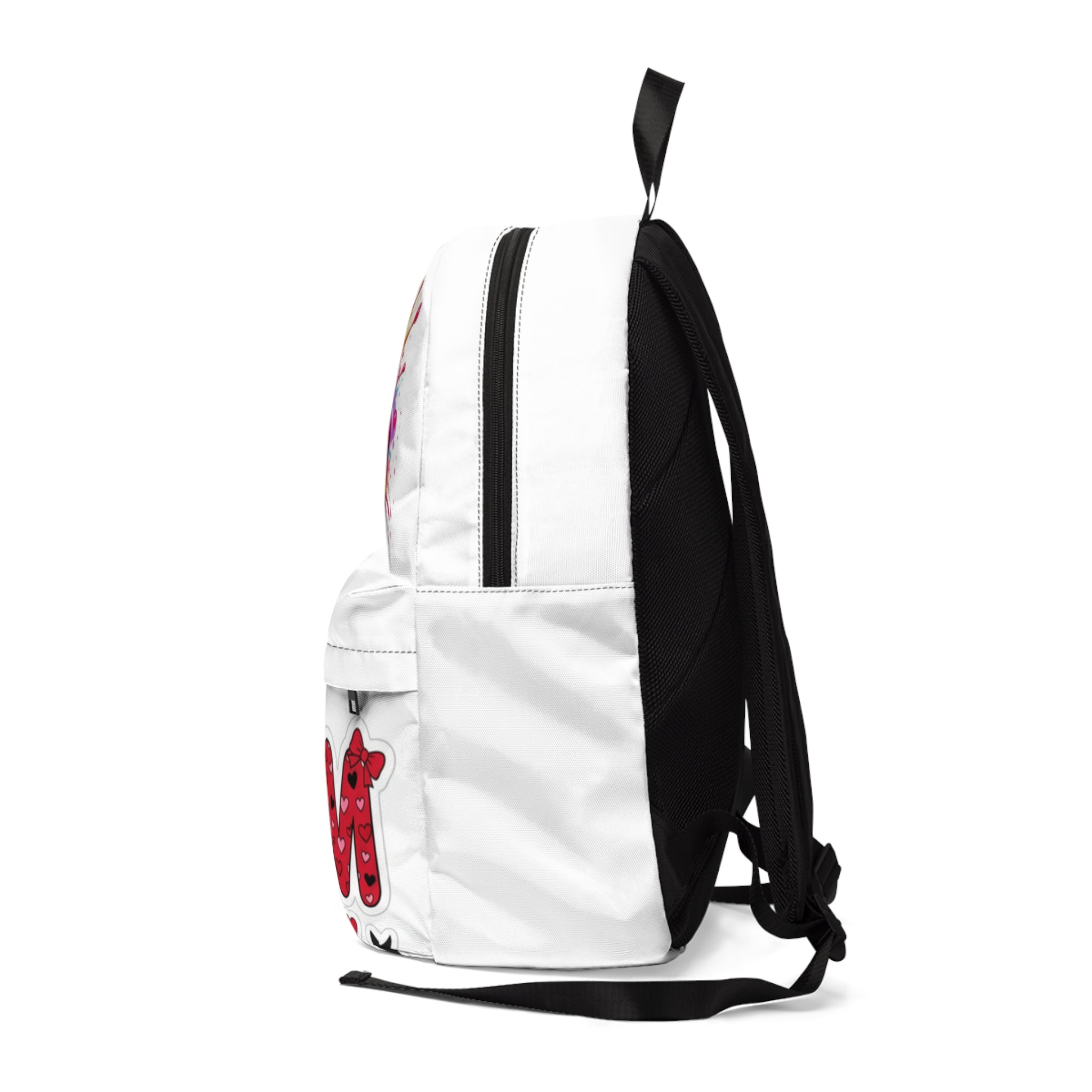 Zaino unisex bianco con spallacci neri e tasca laterale, stampa lips