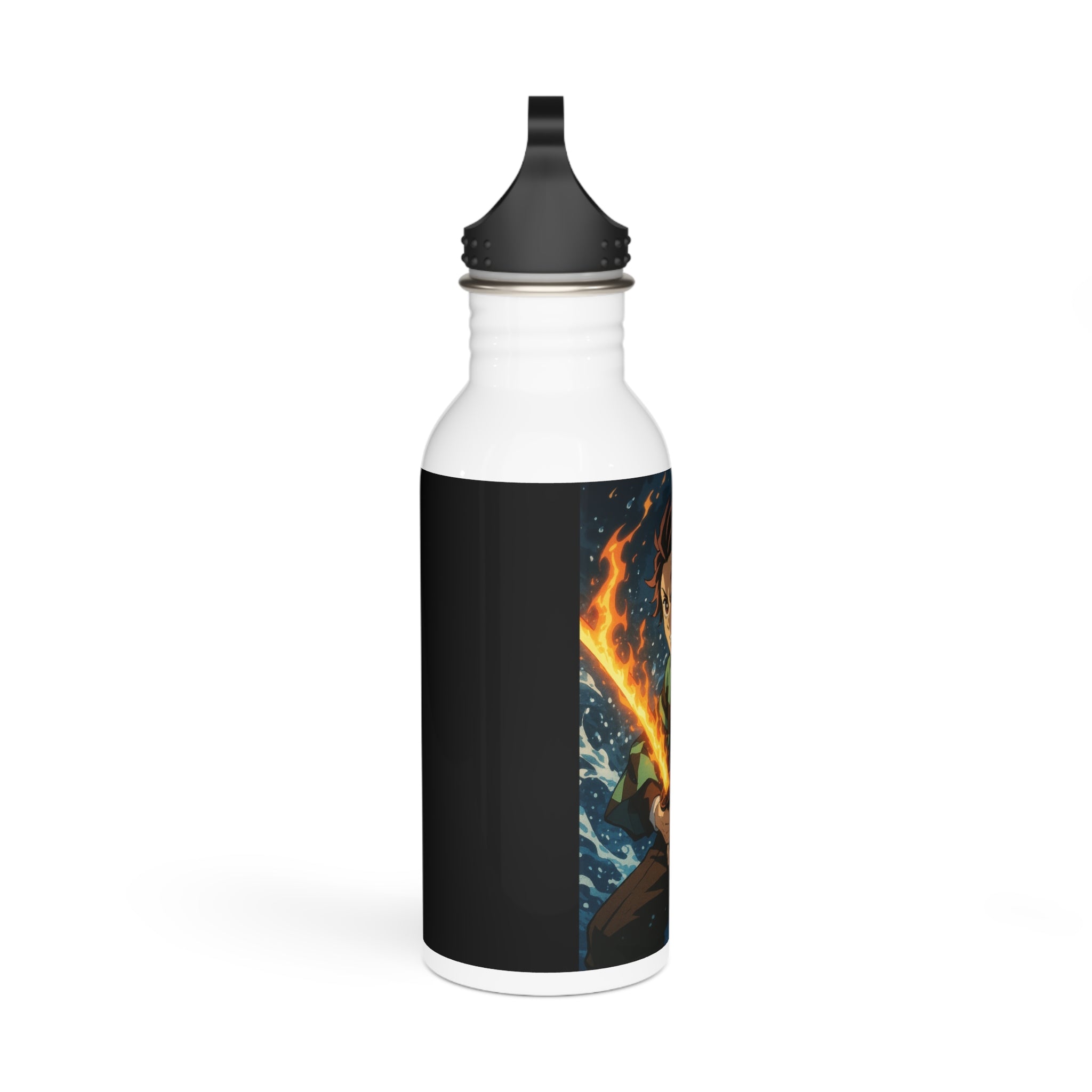 Borraccia bianca con coperchio nero e grafica laterale con fiamme e figure.