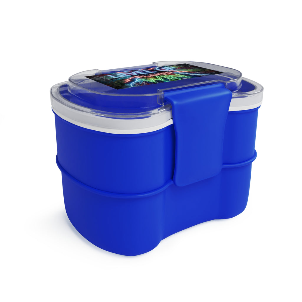 Contenitore bento a due livelli blu con coperchio trasparente e clip di chiusura