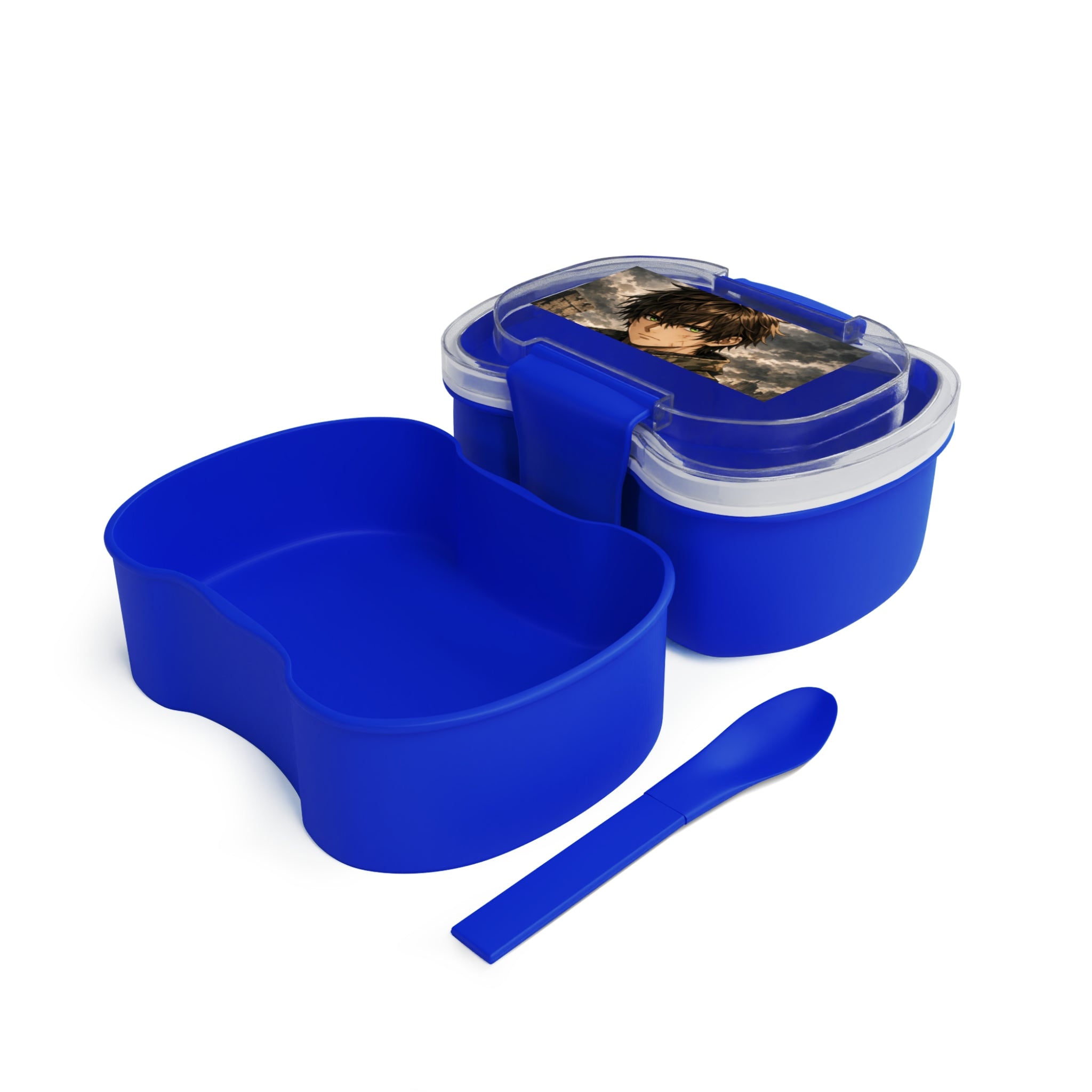 Bento a due livelli blu con scomparto separato e coperchio trasparente aperto.