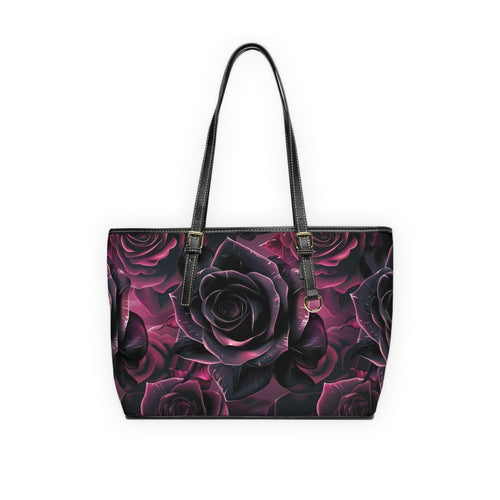 Borsa a tracolla in ecopelle con fantasia rose viola e manici neri