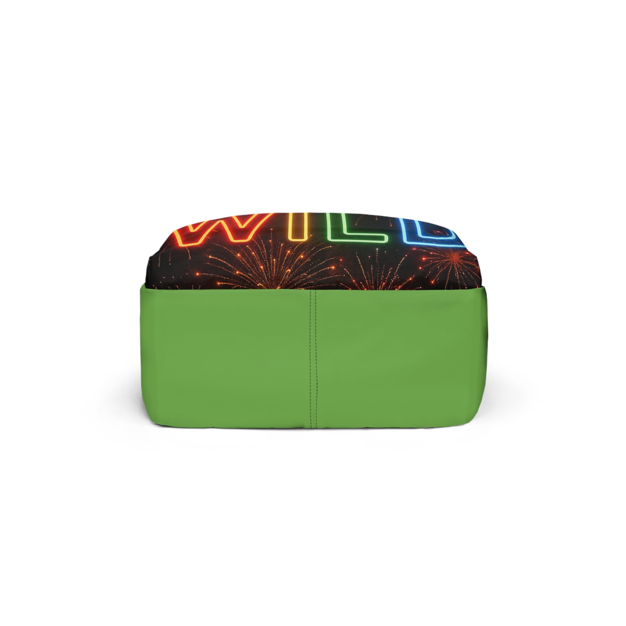Zaino verde unisex con parte inferiore nera e scritta neon “WILD” sul tessuto