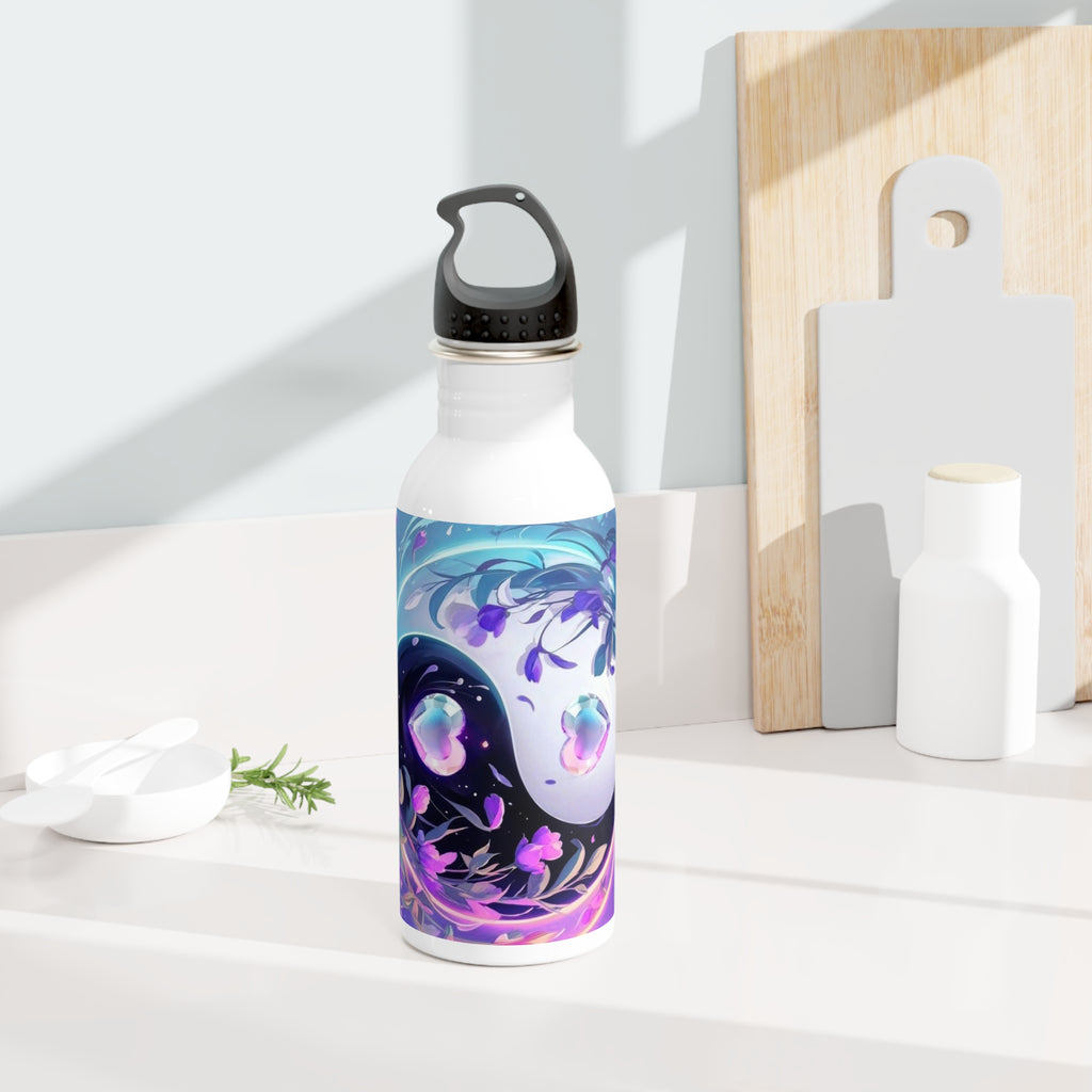 Borraccia d’acciaio inox bianca con stampa floreale viola-blu e tappo nero