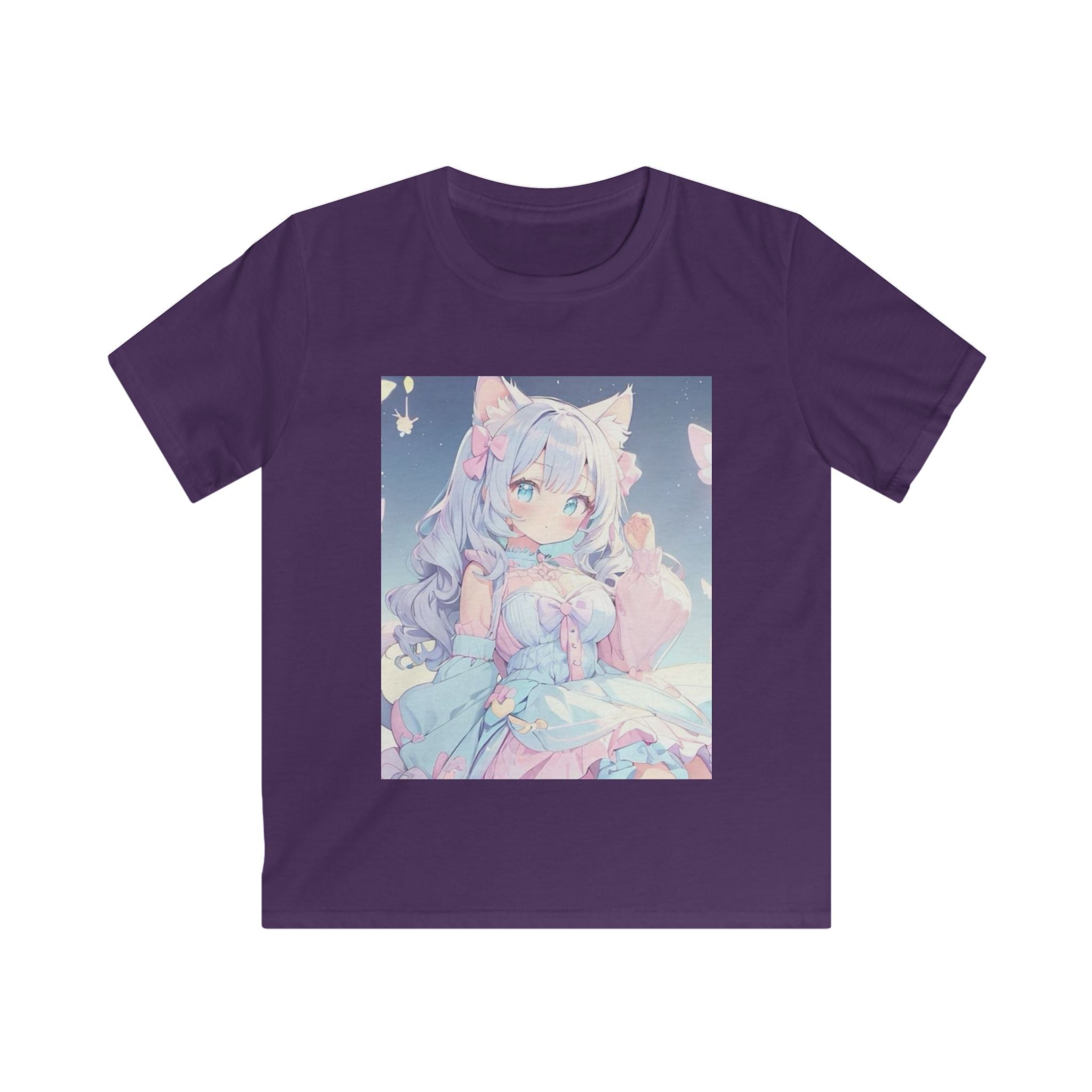 T-shirt per bambino viola con stampa quadrata di personaggio anime sul petto