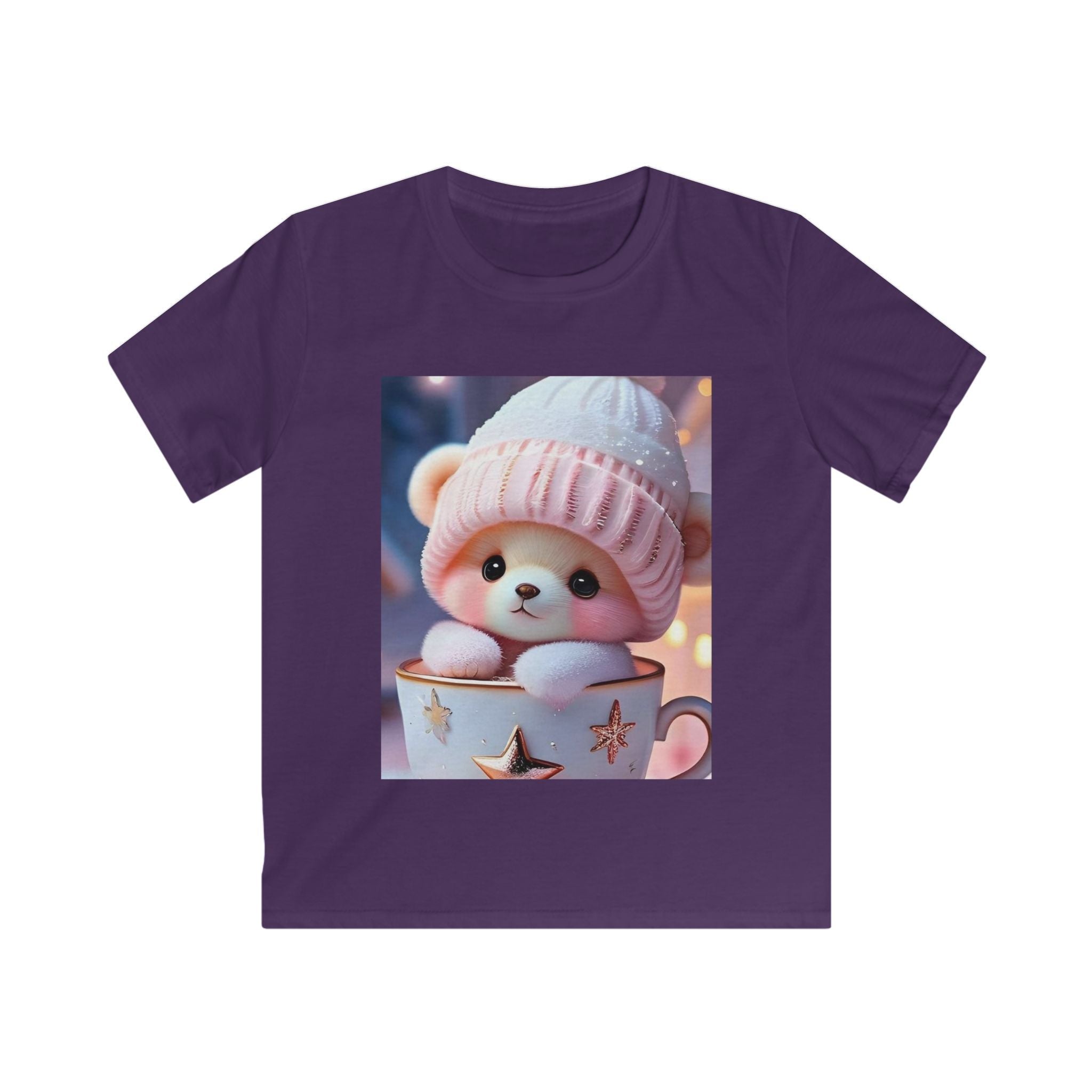 Maglietta per bambino viola con stampa quadrata di peluche con cappellino