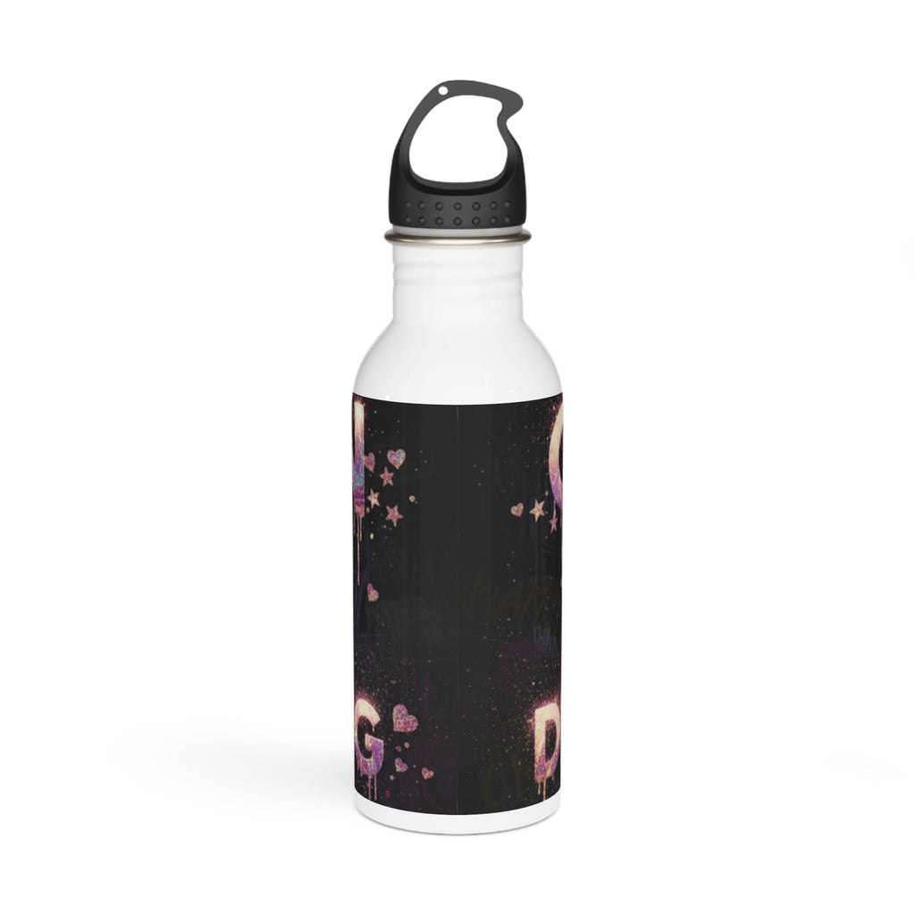 Borraccia in acciaio inox con tappo nero e fascia nera con motivi rosa