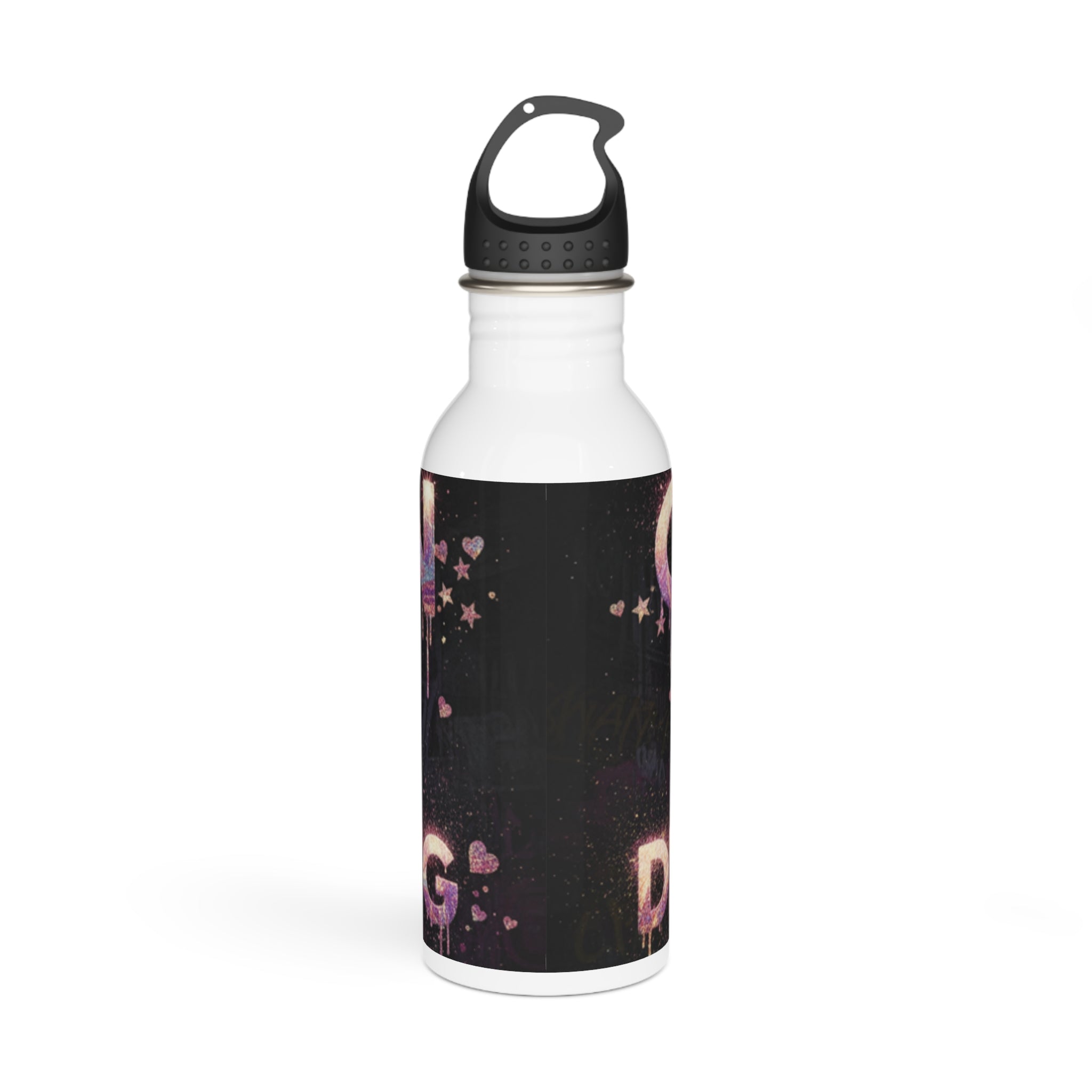 Borraccia in acciaio inox con tappo nero e fascia nera con motivi rosa