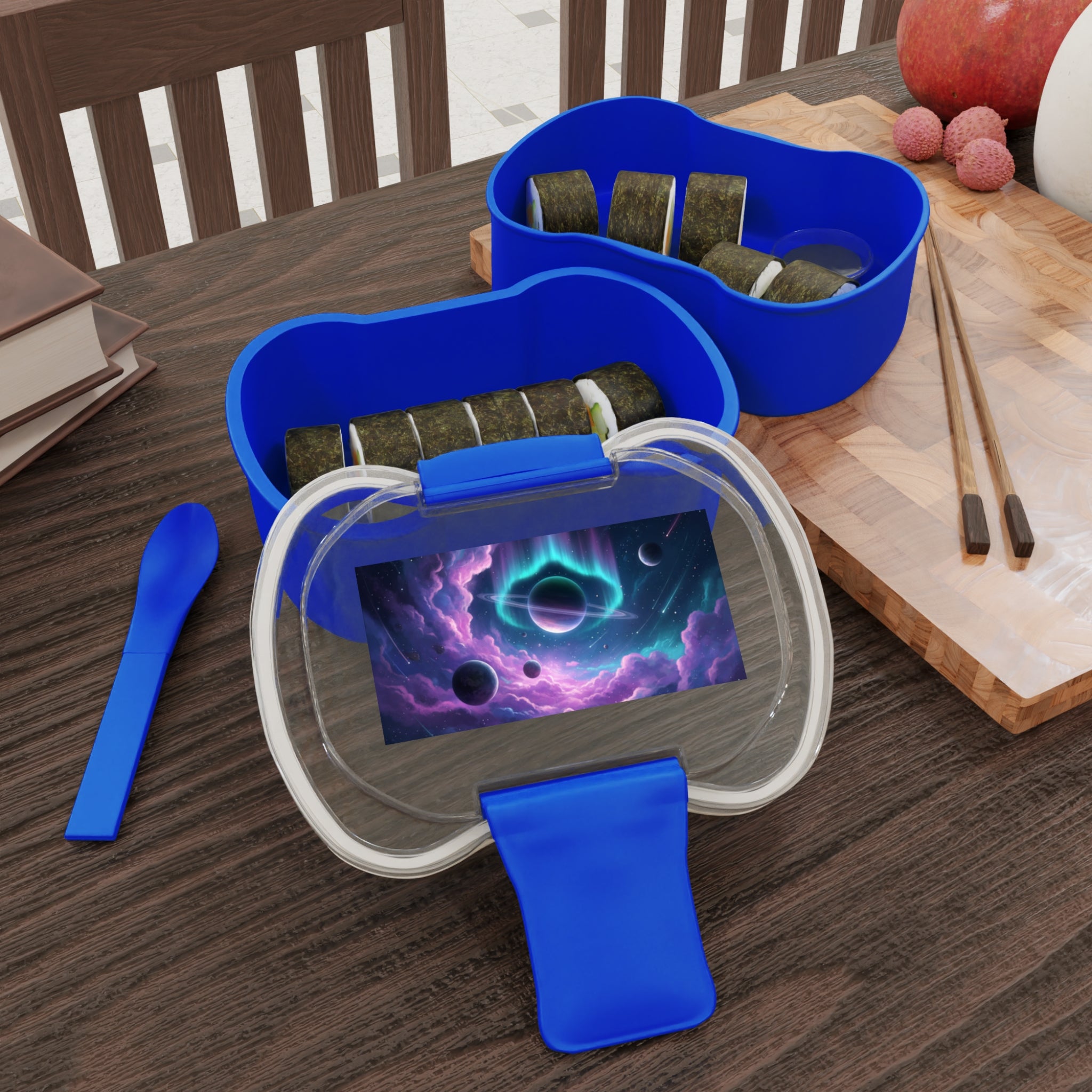 Porta pranzo bento a due livelli blu con divisorio e scomparto superiore