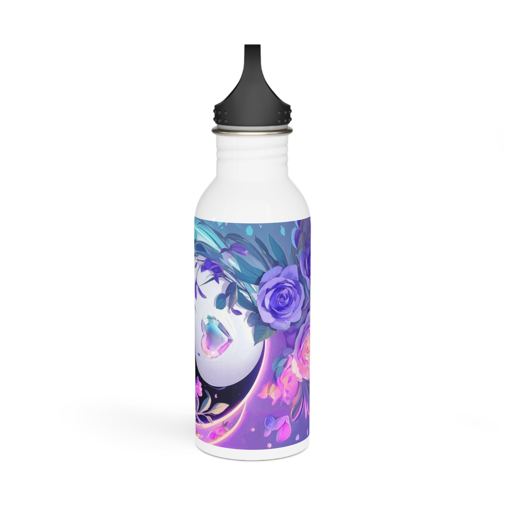 Borraccia d’acciaio inox bianca con motivo rose viola e tappo nero, vista inclinata