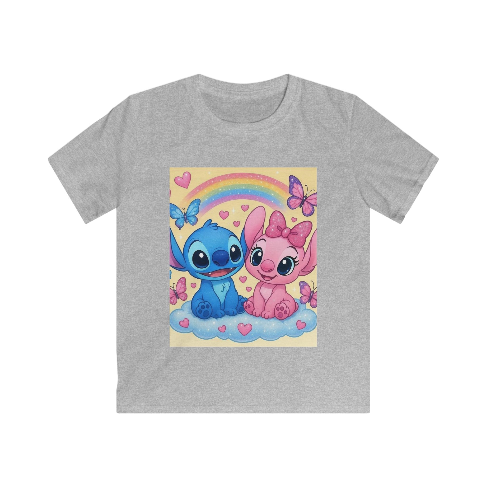Maglietta bambino grigio chiaro con stampa arcobaleno e due personaggi dei cartoni