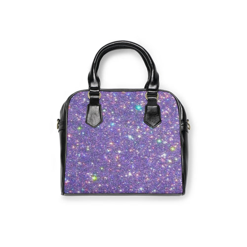 Borsa a spalla viola con stampa all-over e manici neri, chiusura laterale.