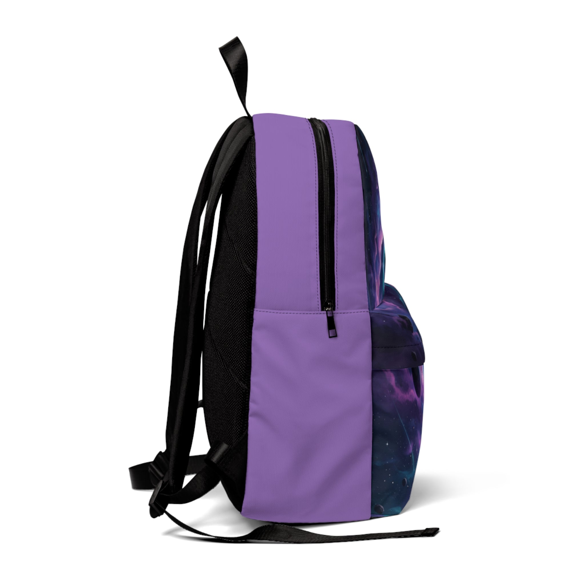 Zaino unisex laterale viola con spallacci neri regolabili e dettagli neri