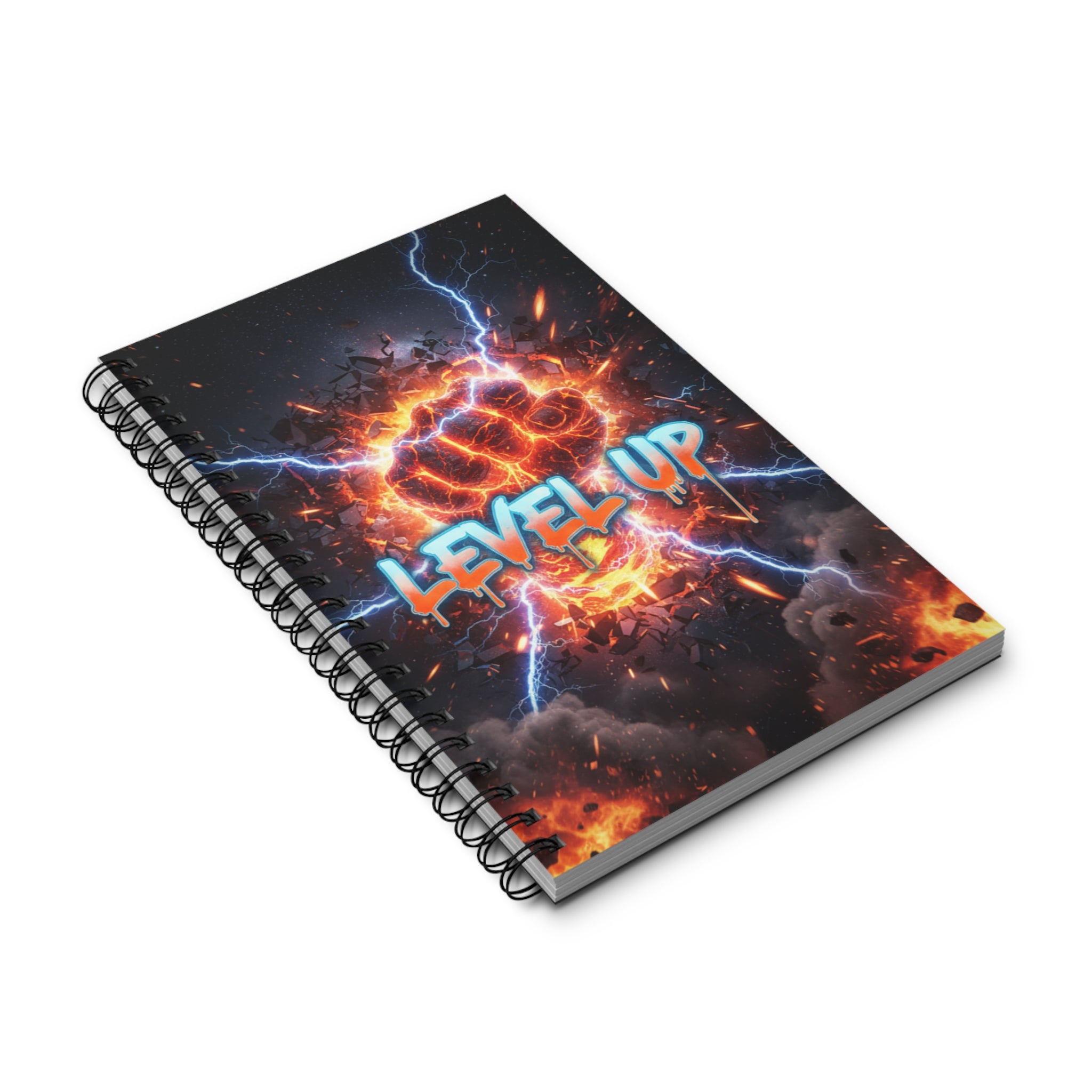 Spiral notebook angled view with dark “LEVEL UP” cover and metal coil spine