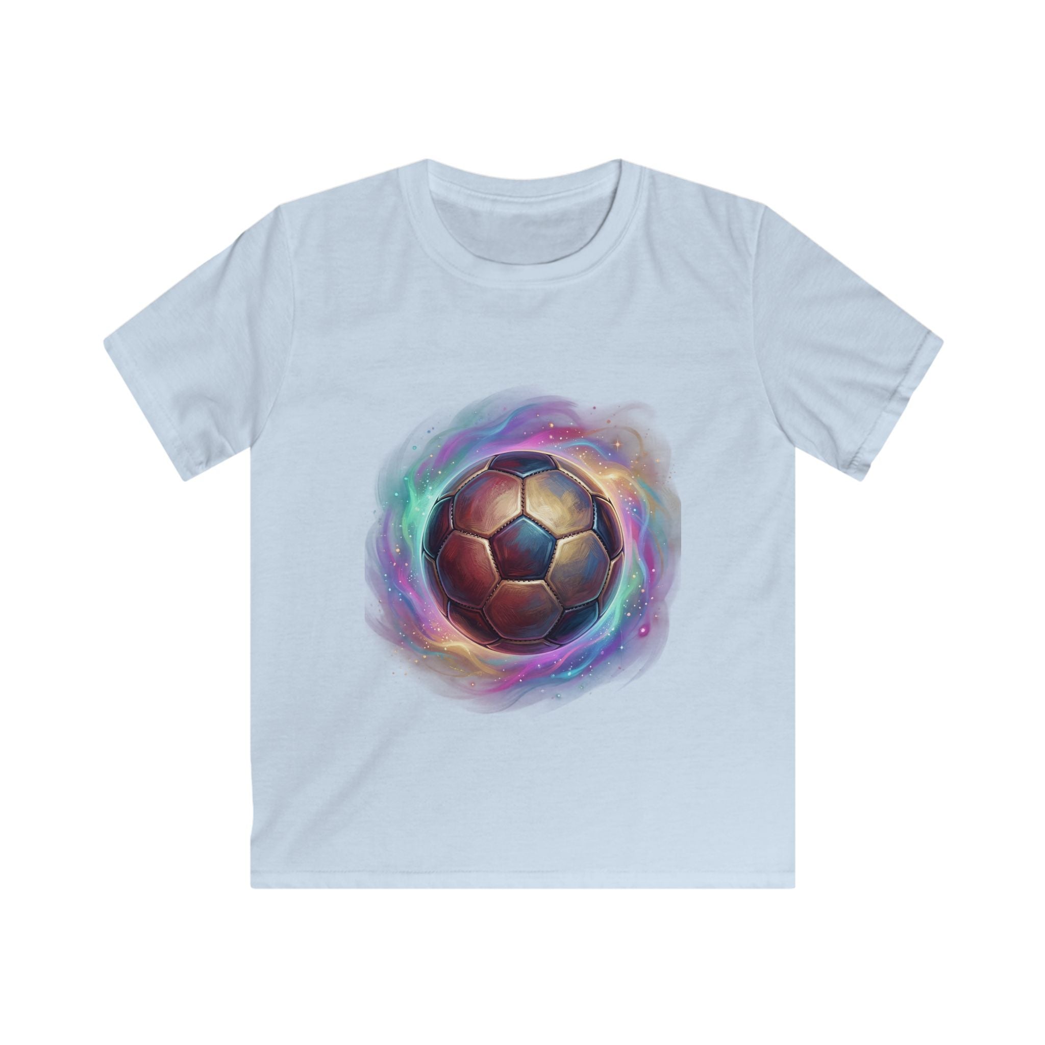 T-shirt bambino azzurra con stampa sfera multicolore a spirale